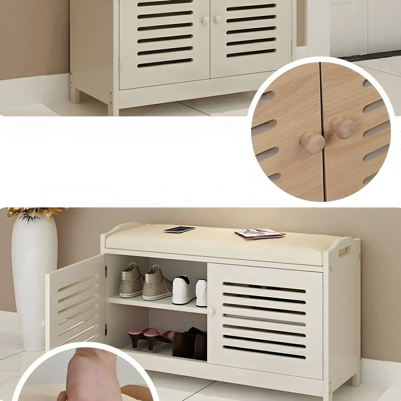 Adjustable White Wood Shoe Bench with Breathable door
