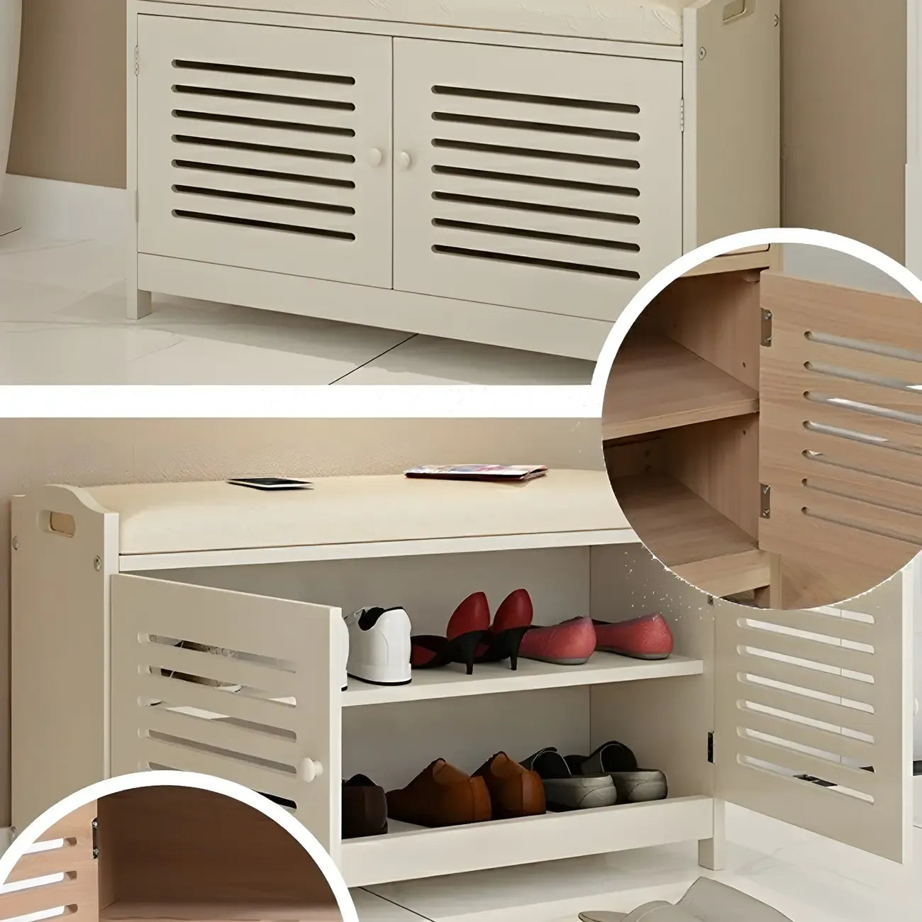 Adjustable White Wood Shoe Bench with Breathable door
