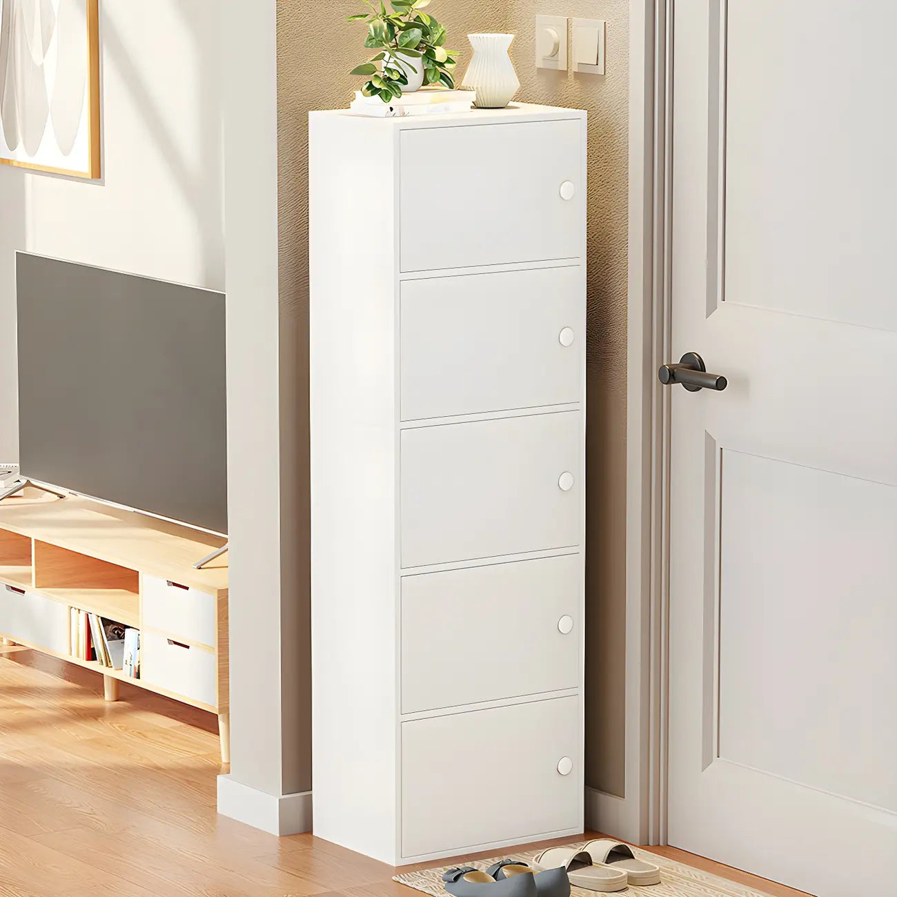 Modern White Tall Shoe Cabinet with Adjustable Shelves
