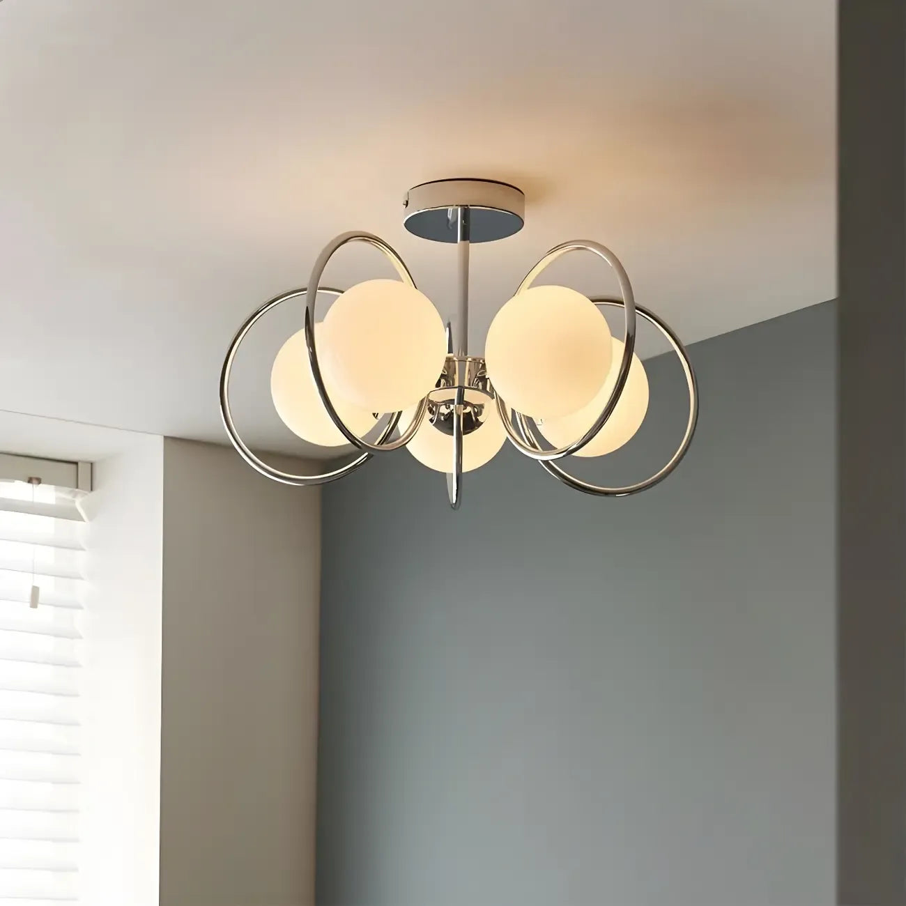 Stylish Circle Chrome White Glass Orb Semi Flush Ceiling Light