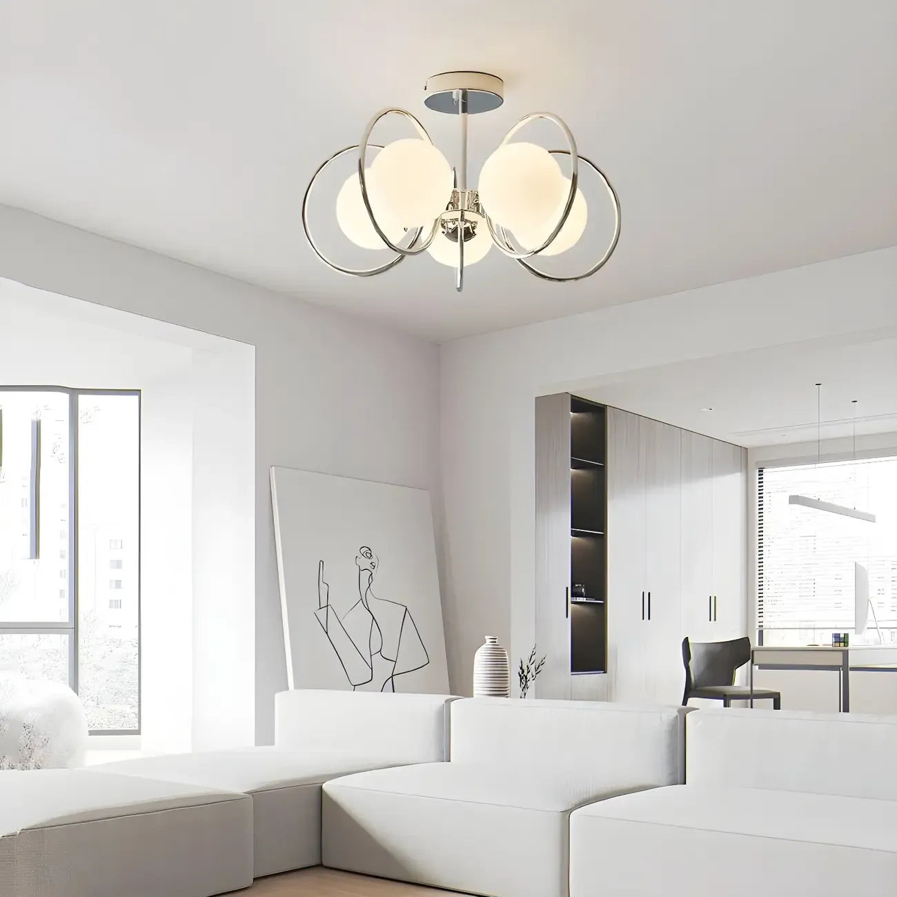 Stylish Circle Chrome White Glass Orb Semi Flush Ceiling Light