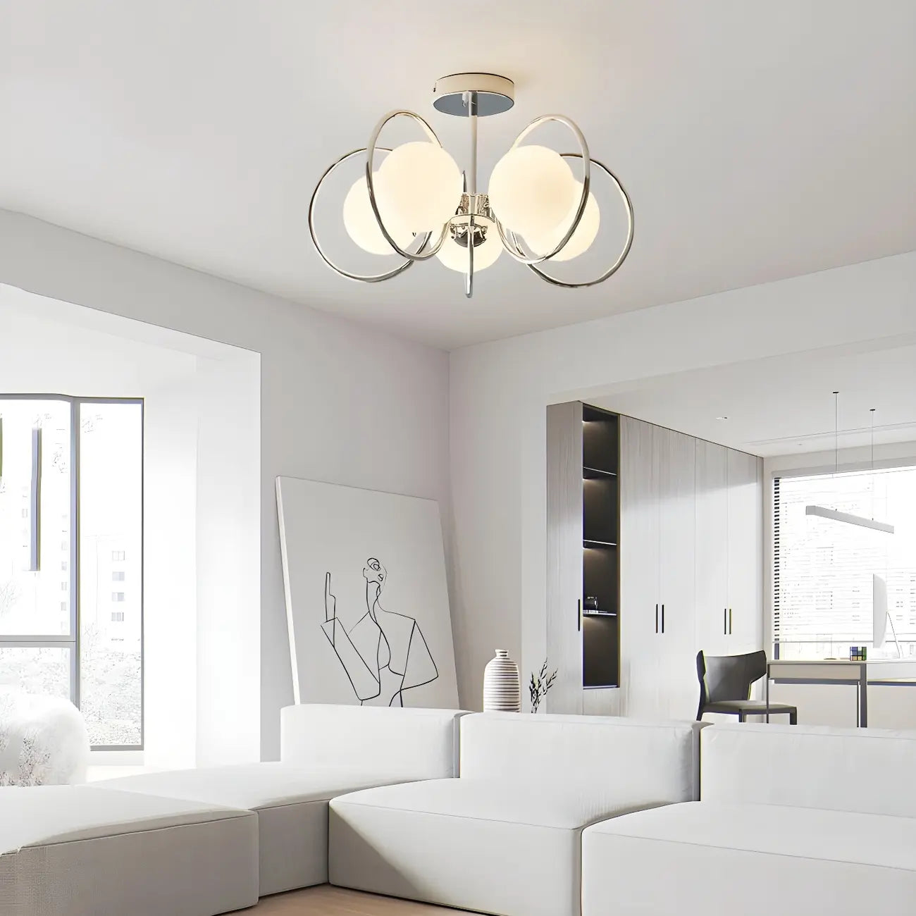 Stylish Circle Chrome White Glass Orb Semi Flush Ceiling Light