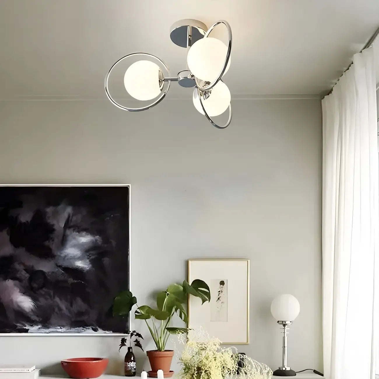 Stylish Circle Chrome White Glass Orb Semi Flush Ceiling Light