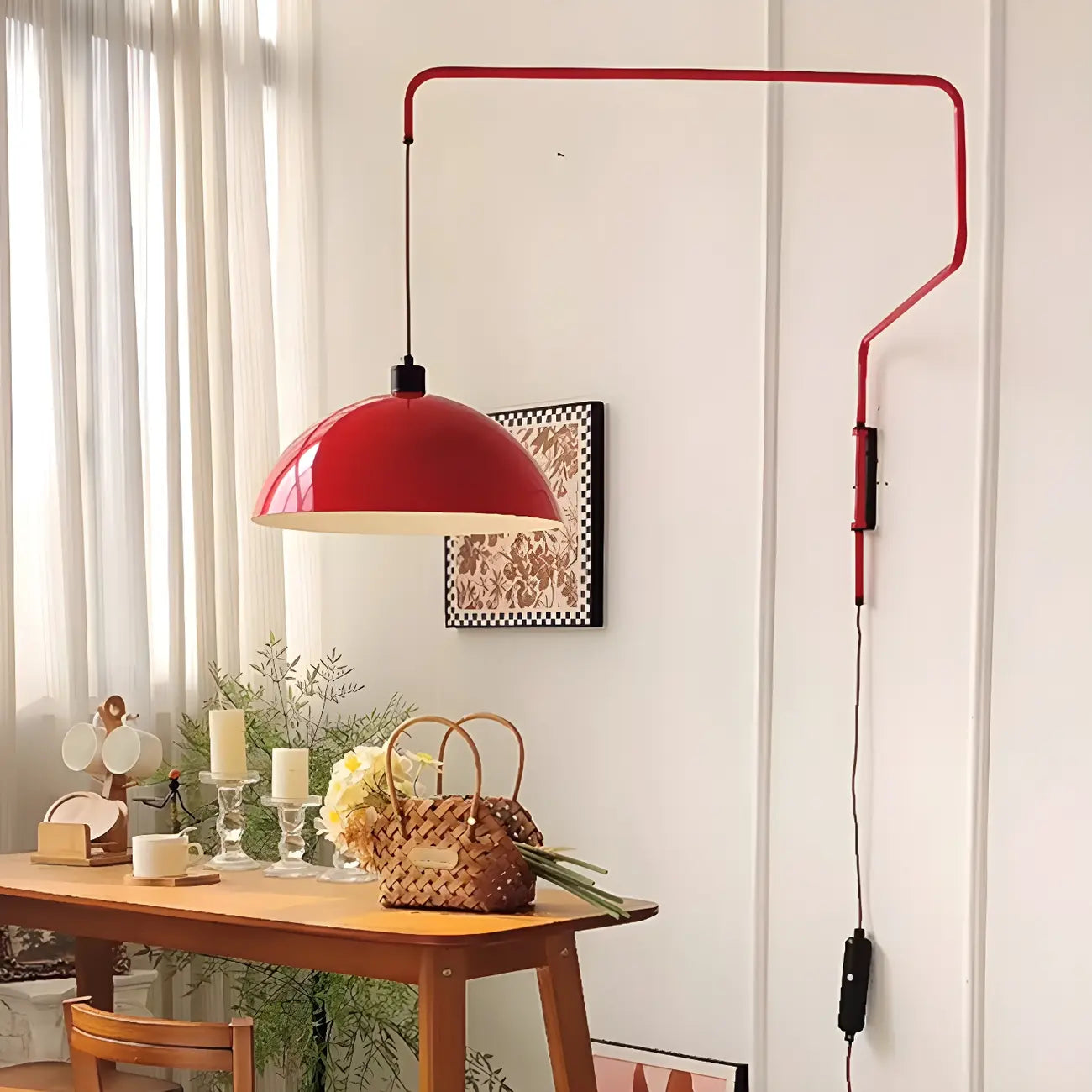 Elegant Geometric Red Swing Arm Wall Light for Dining Room