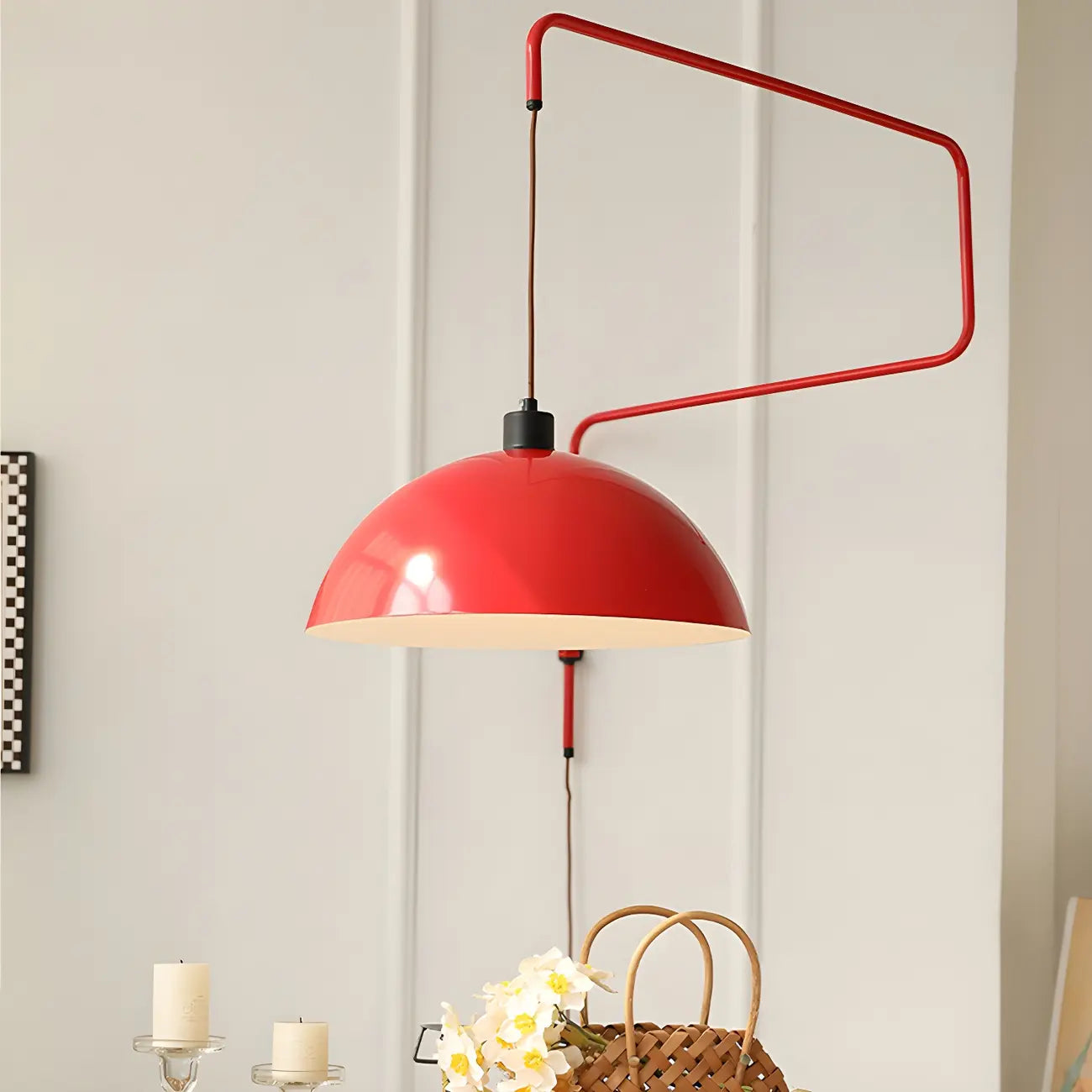 Elegant Geometric Red Swing Arm Wall Light for Dining Room