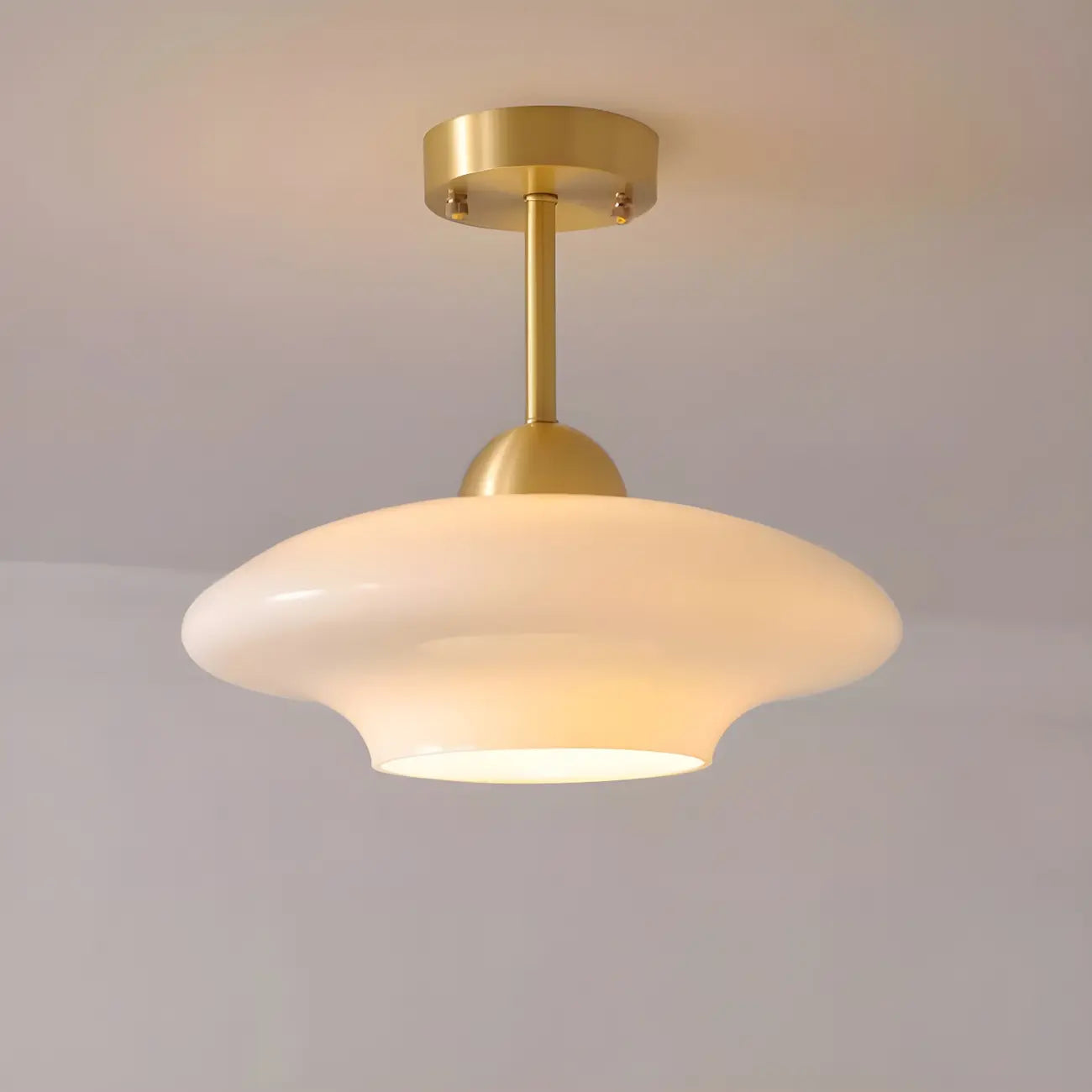 White Round Glass Shade Gold Semi Flush Ceiling Light
