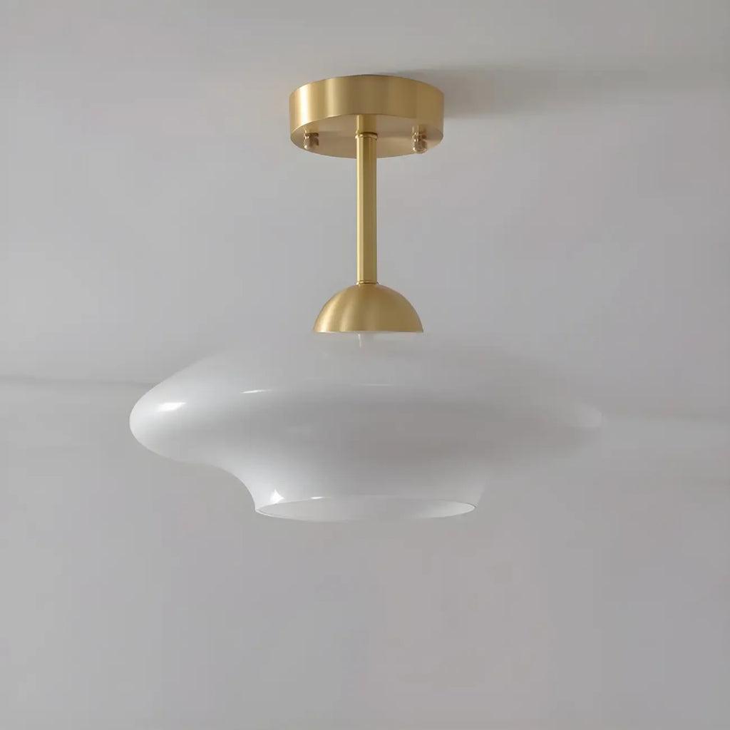 White Round Glass Shade Gold Semi Flush Ceiling Light
