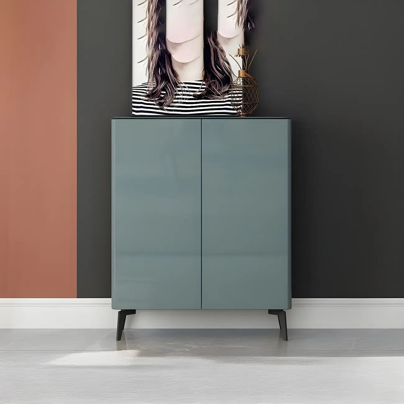 Gloss Green Wood Shoe Storage Cabinet for Entryway
