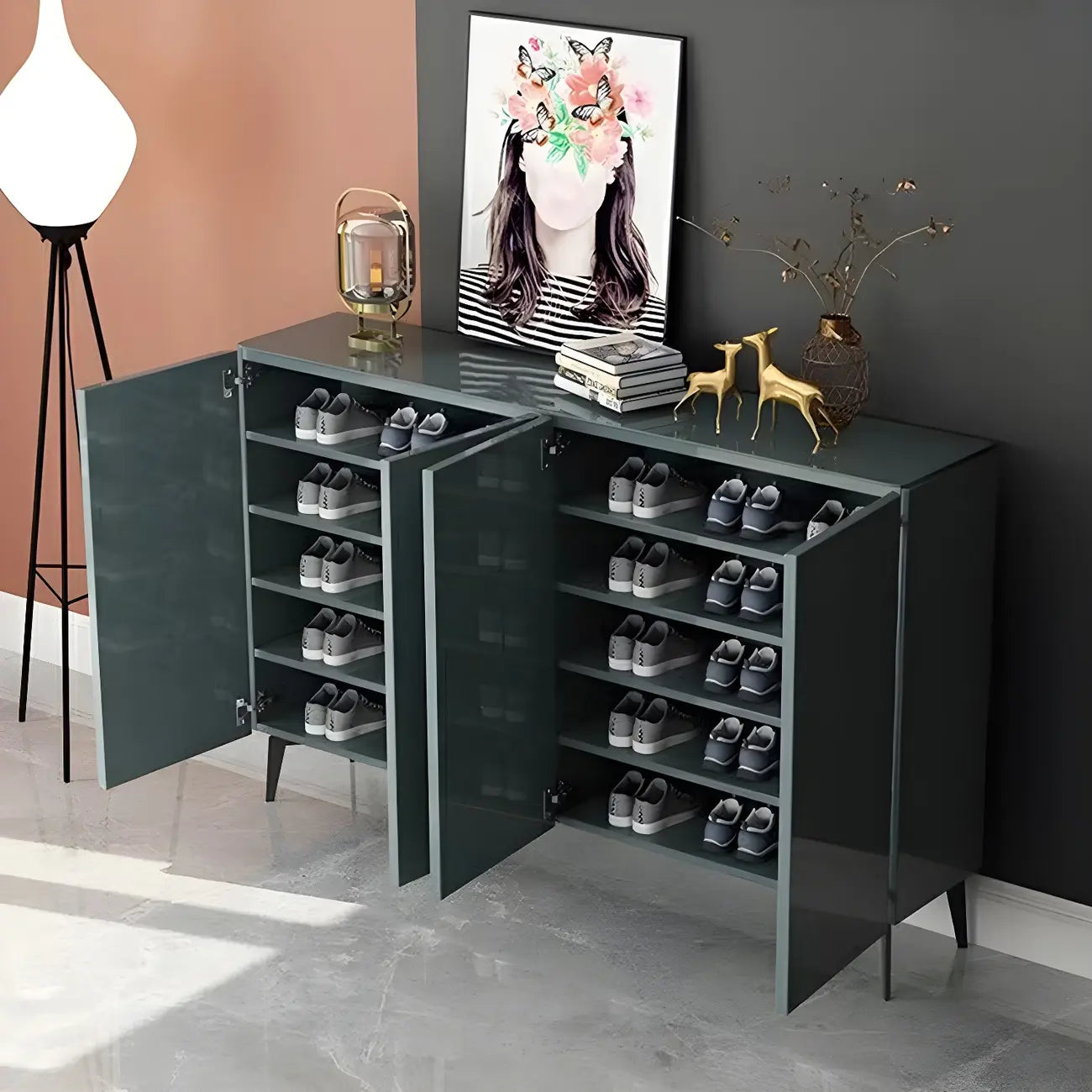 Gloss Green Wood Shoe Storage Cabinet for Entryway