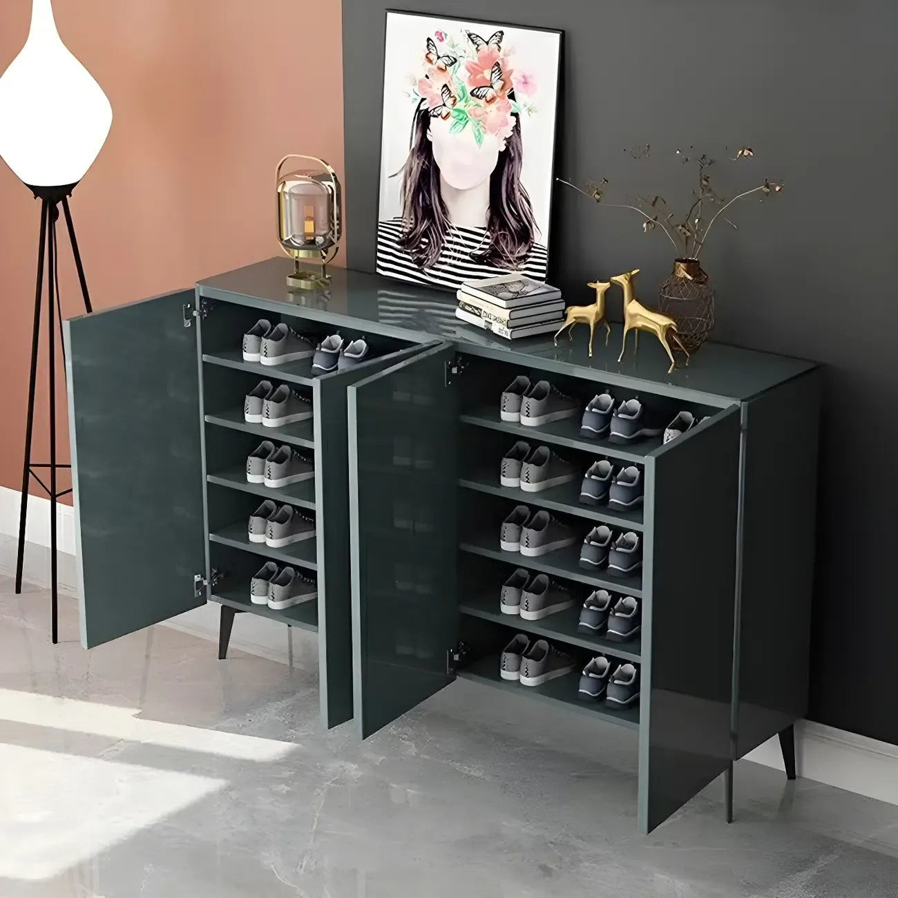 Gloss Green Wood Shoe Storage Cabinet for Entryway