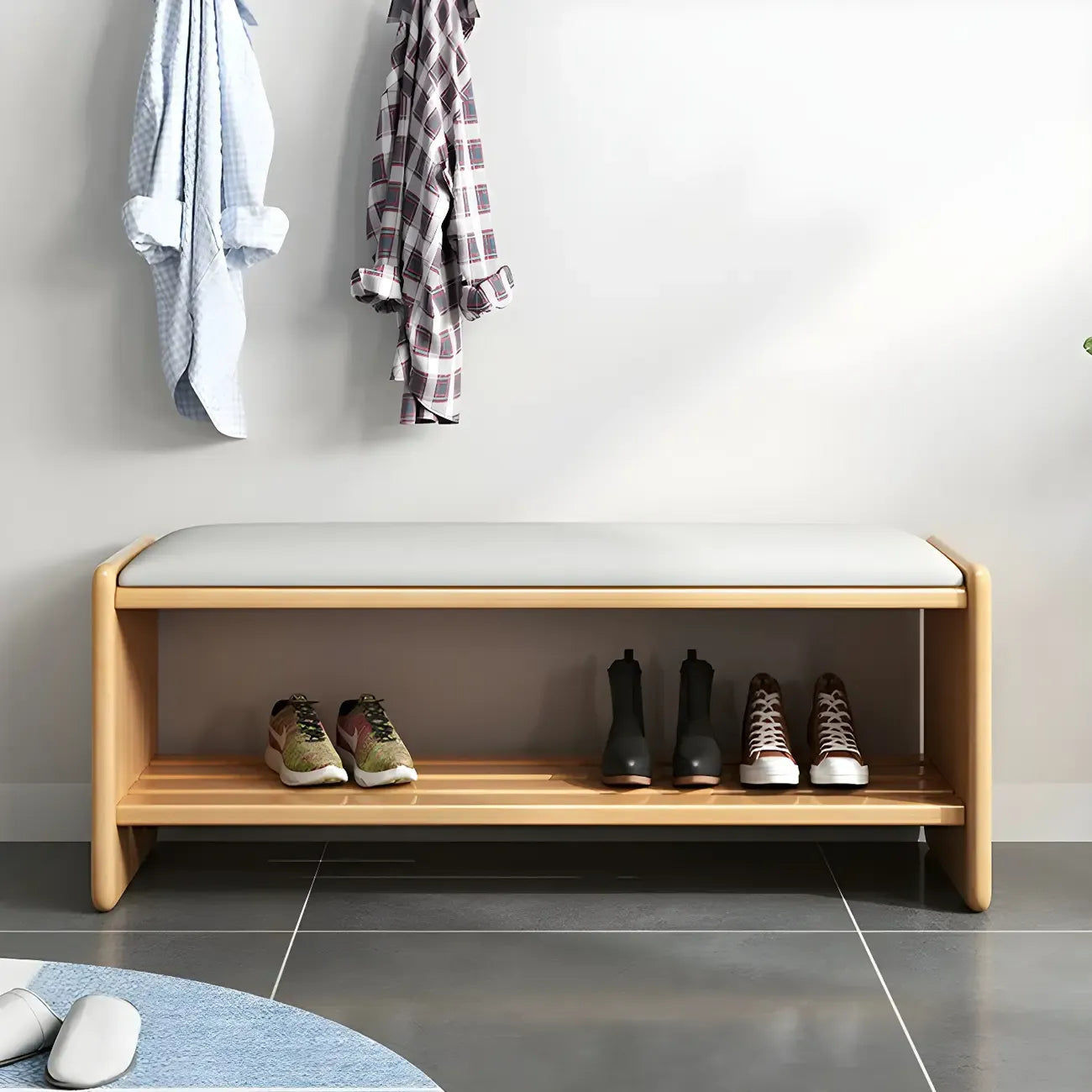 Entryway Natural Wood Shoe Storage Bench with Cushion