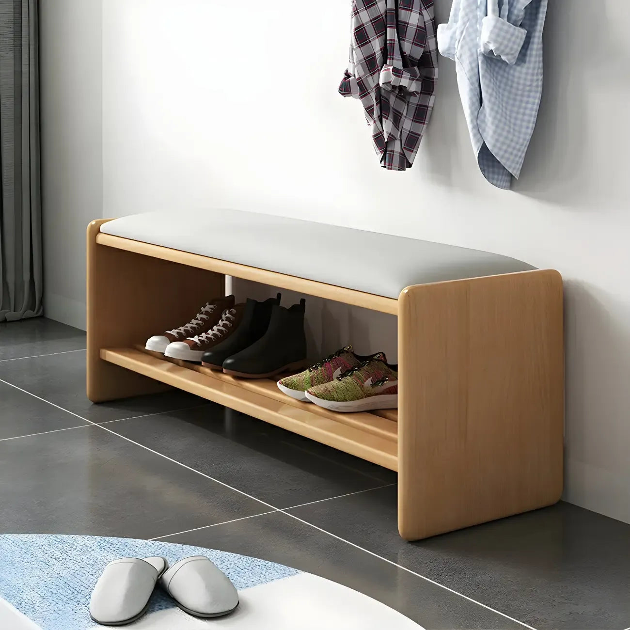 Entryway Natural Wood Shoe Storage Bench with Cushion