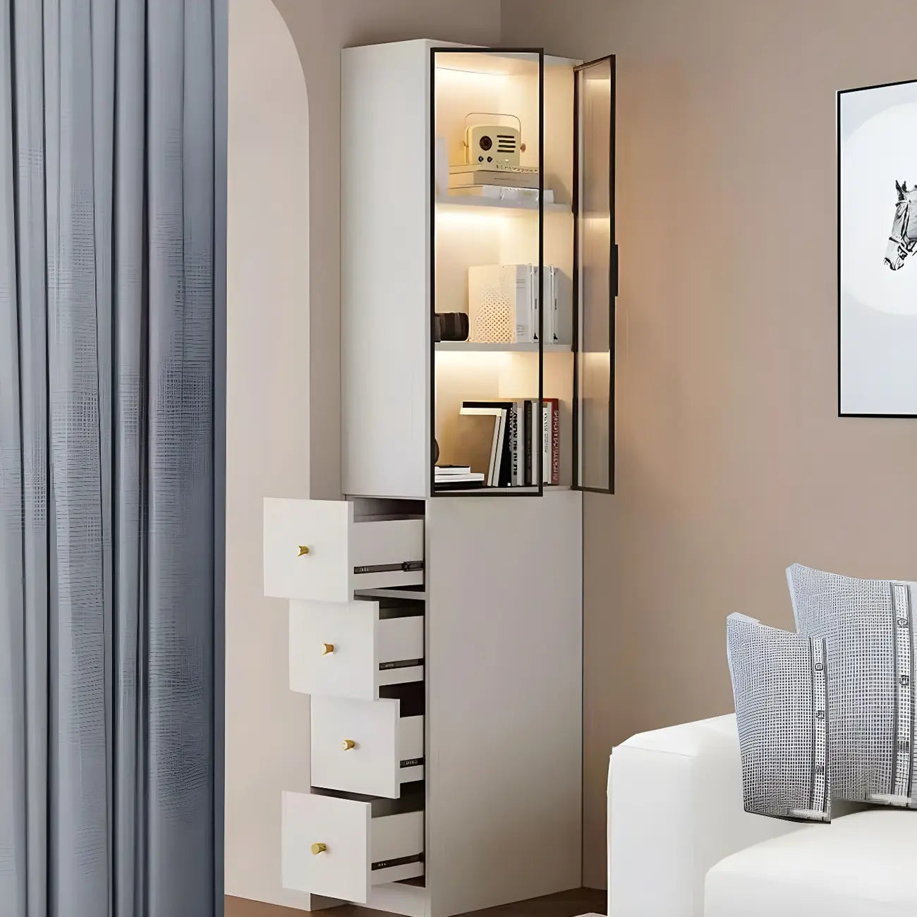 Modern White Wood Glass Pane Storage Cabinet with 4 Drawers