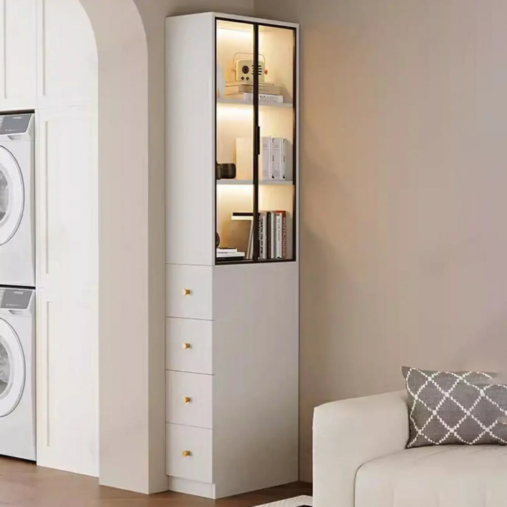 Modern White Wood Glass Pane Storage Cabinet with 4 Drawers