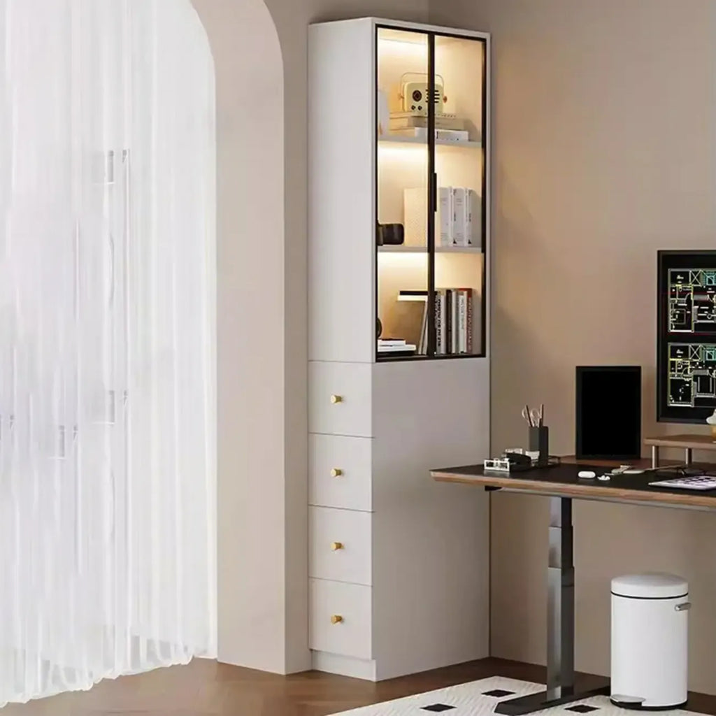 Modern White Wood Glass Pane Storage Cabinet with 4 Drawers