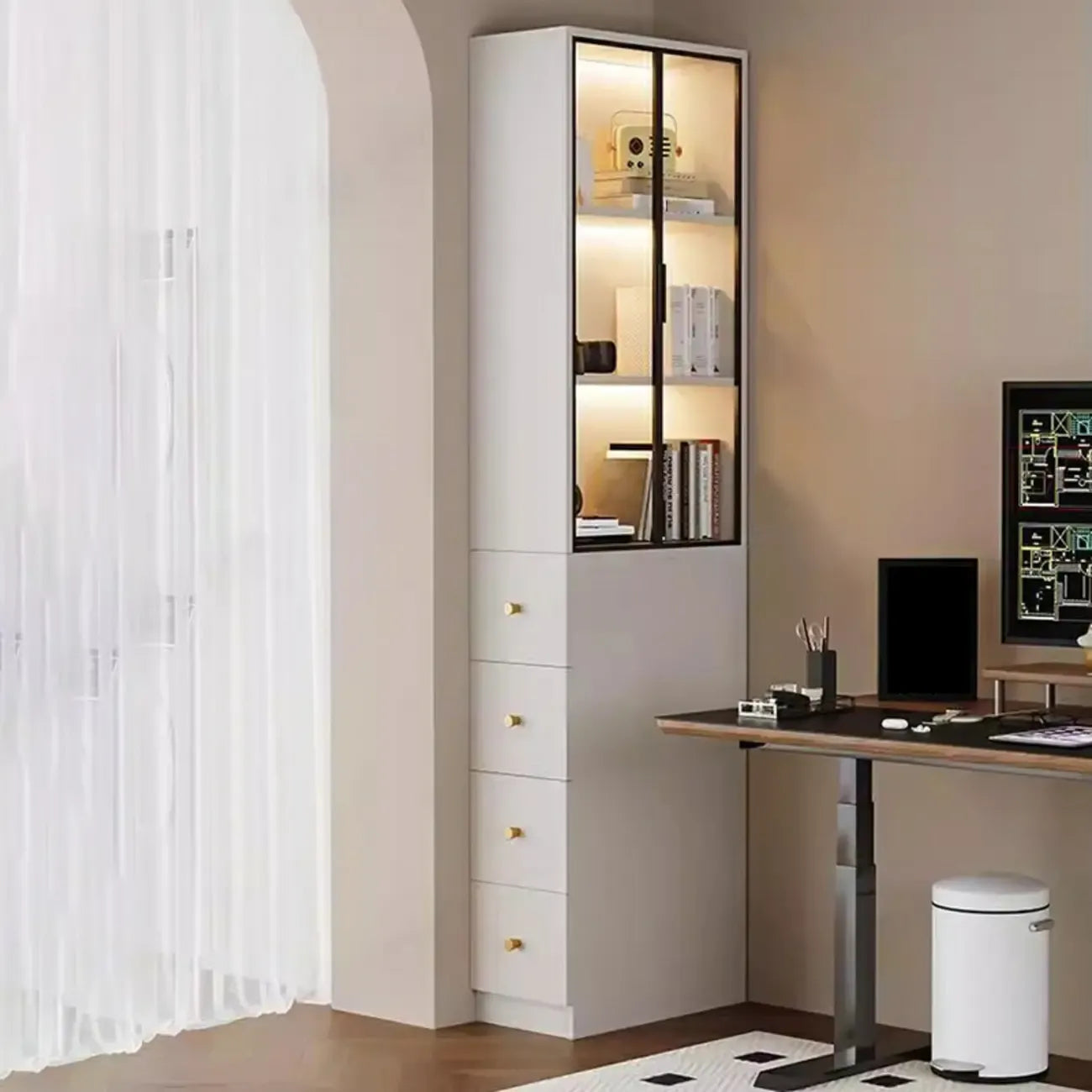 Modern White Wood Glass Pane Storage Cabinet with 4 Drawers