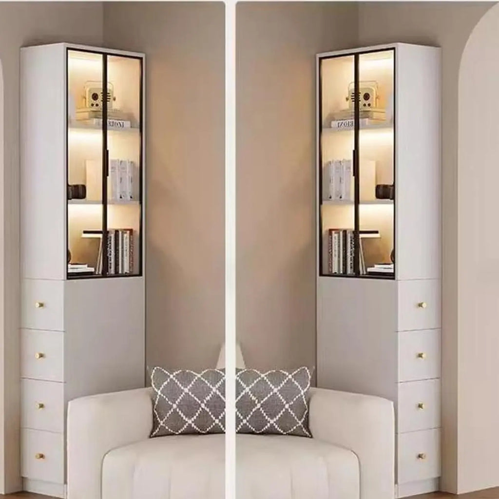 Modern White Wood Glass Pane Storage Cabinet with 4 Drawers