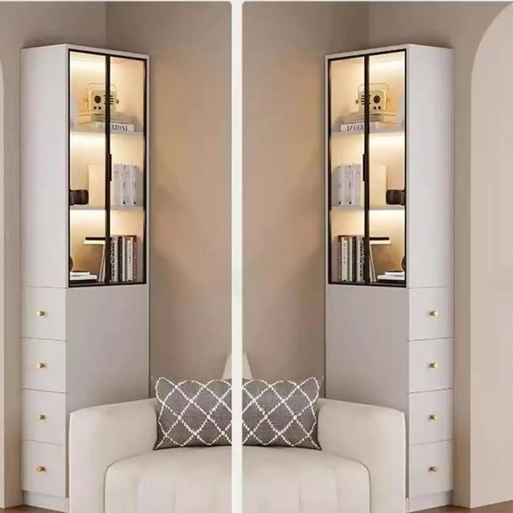 Modern White Wood Glass Pane Storage Cabinet with 4 Drawers