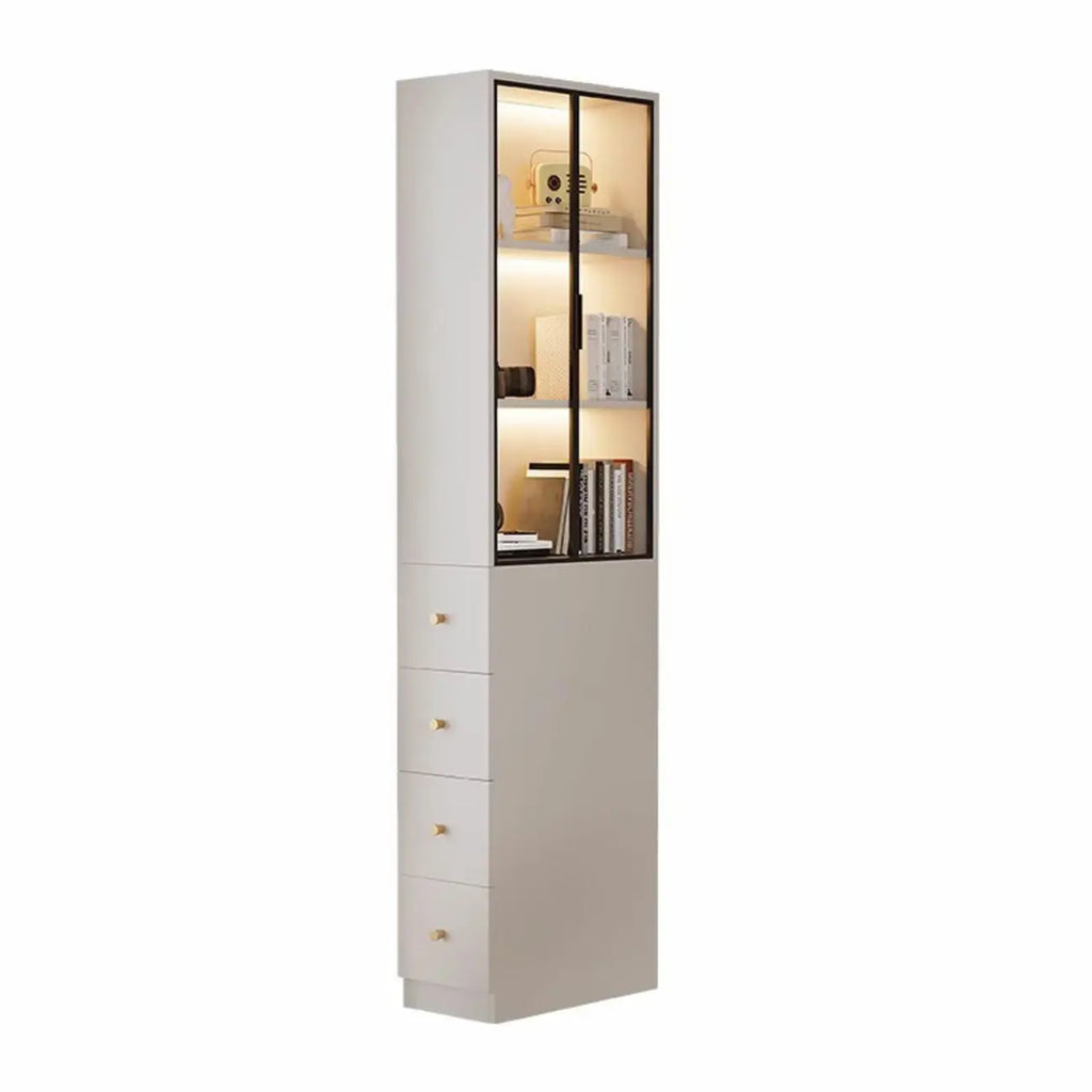 Modern White Wood Glass Pane Storage Cabinet with 4 Drawers