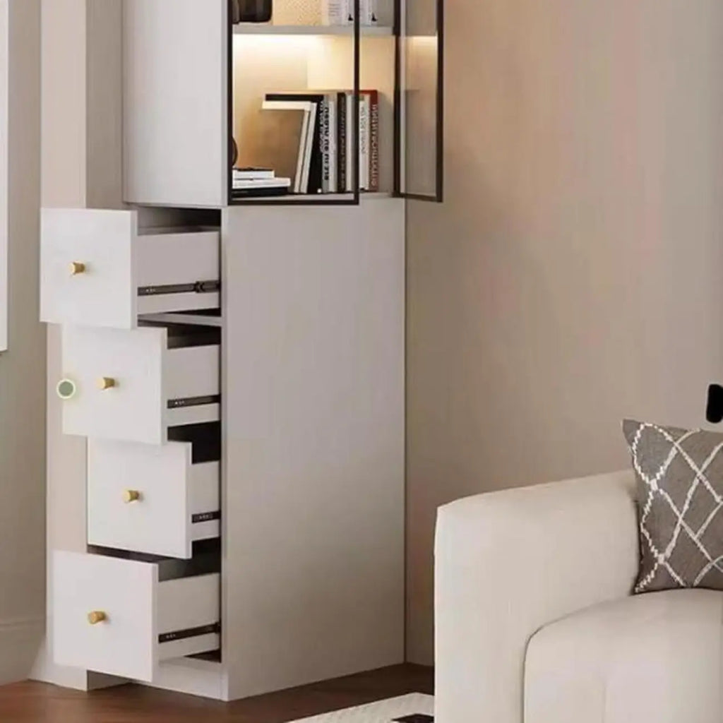 Modern White Wood Glass Pane Storage Cabinet with 4 Drawers
