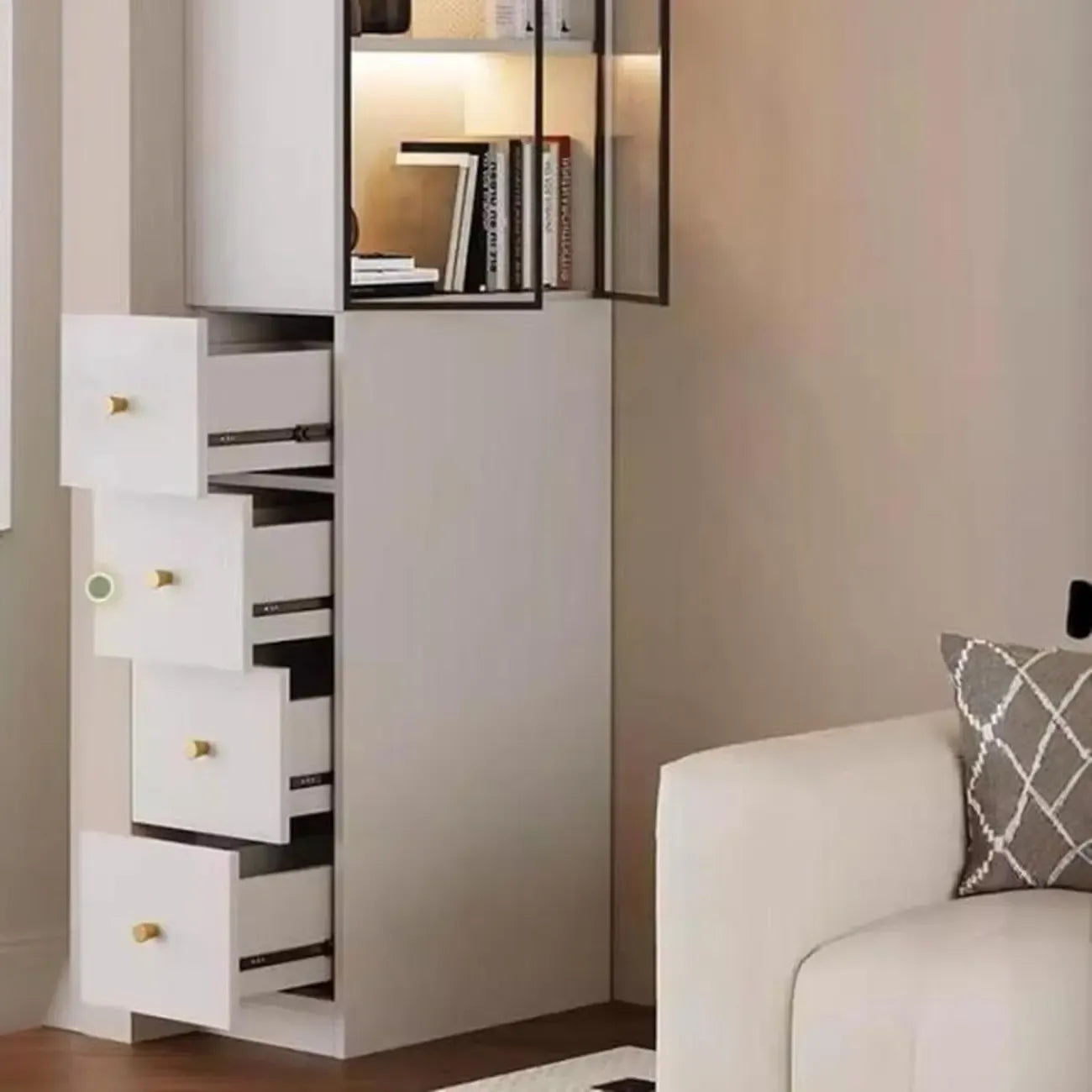 Modern White Wood Glass Pane Storage Cabinet with 4 Drawers
