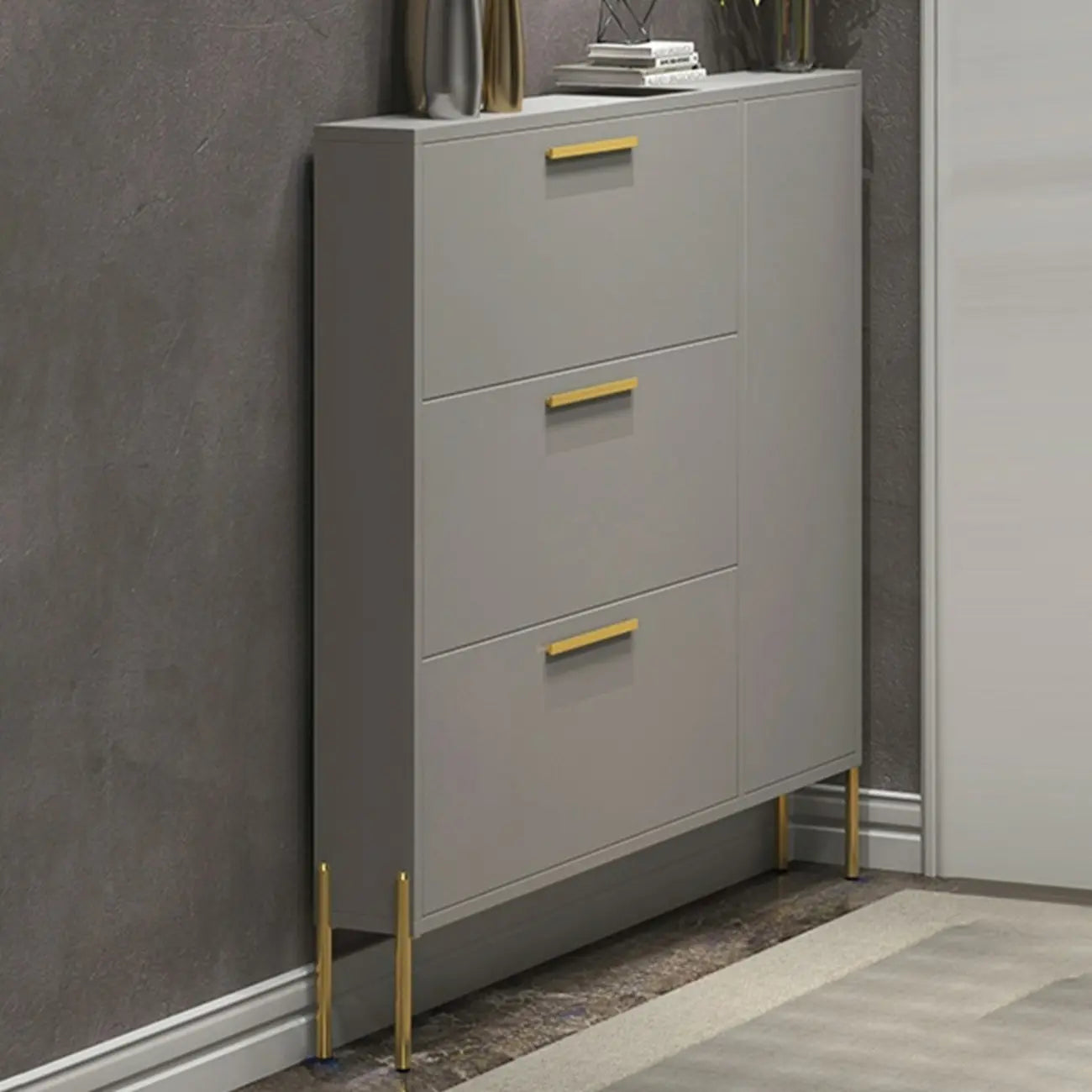 3-Tier Narrow Dark Gray Drop-Front Wood Shoe Cabinet