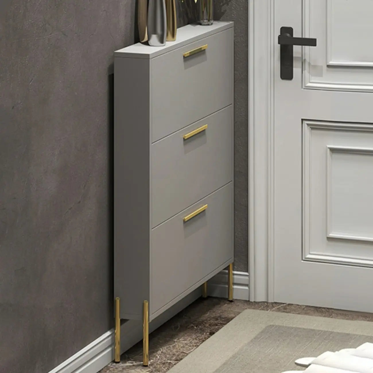 3-Tier Narrow Dark Gray Drop-Front Wood Shoe Cabinet