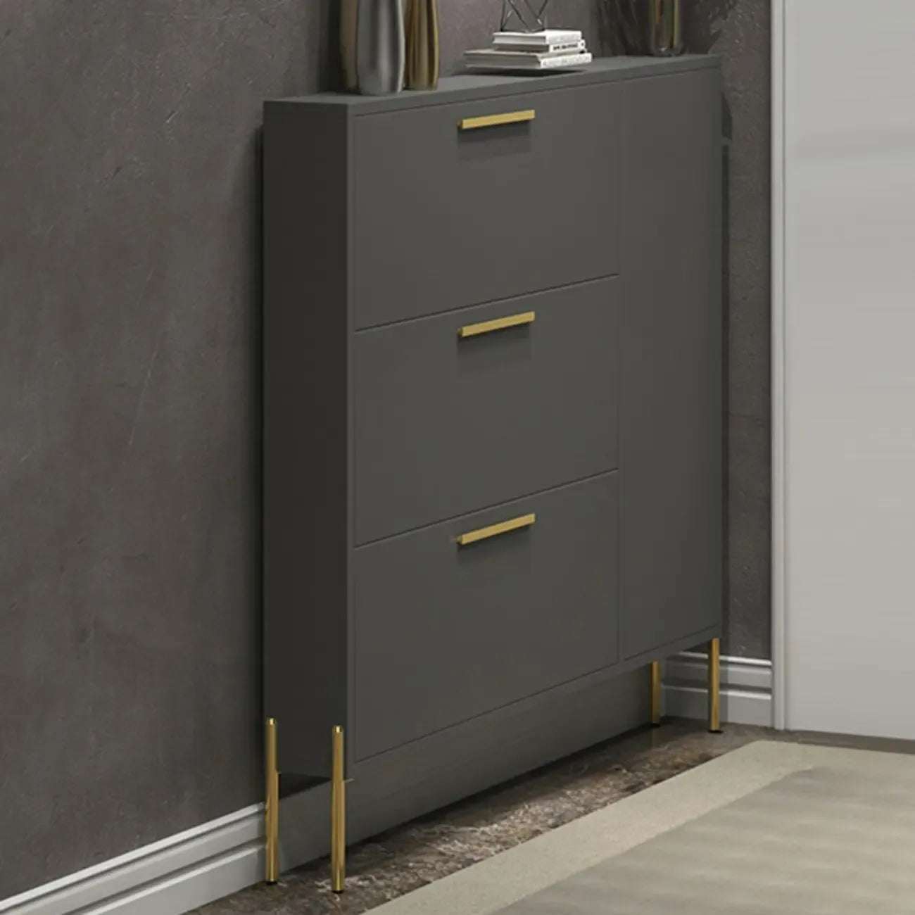 3-Tier Narrow Dark Gray Drop-Front Wood Shoe Cabinet