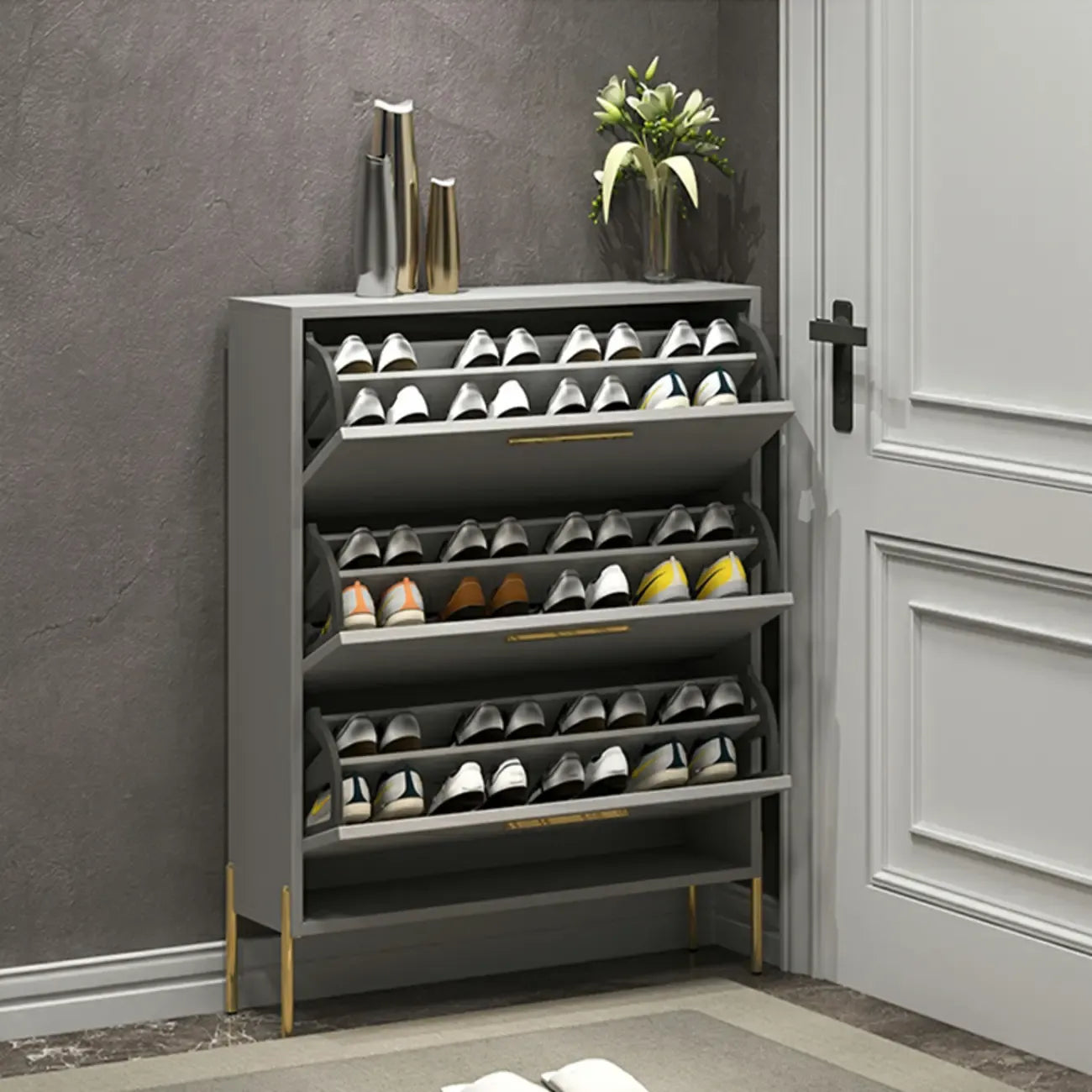 3-Tier Narrow Dark Gray Drop-Front Wood Shoe Cabinet