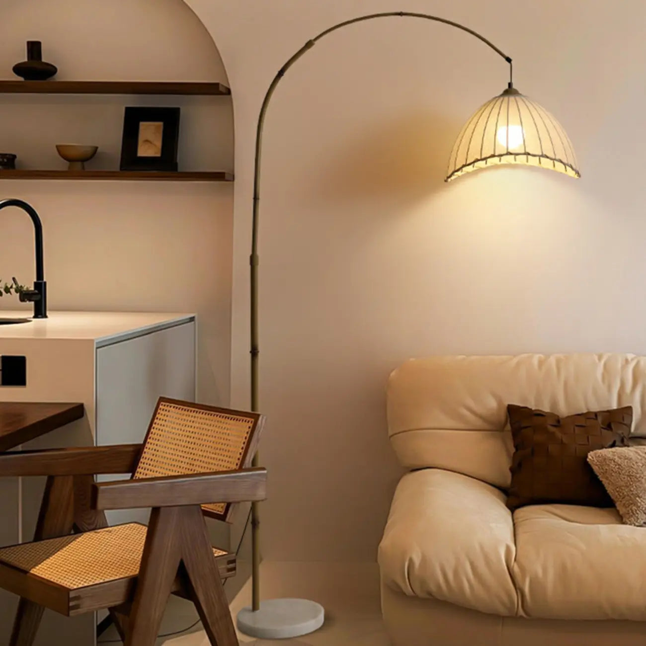 Plug In Khaki Arc Floor Lamp with Fabric Shade for Living Room