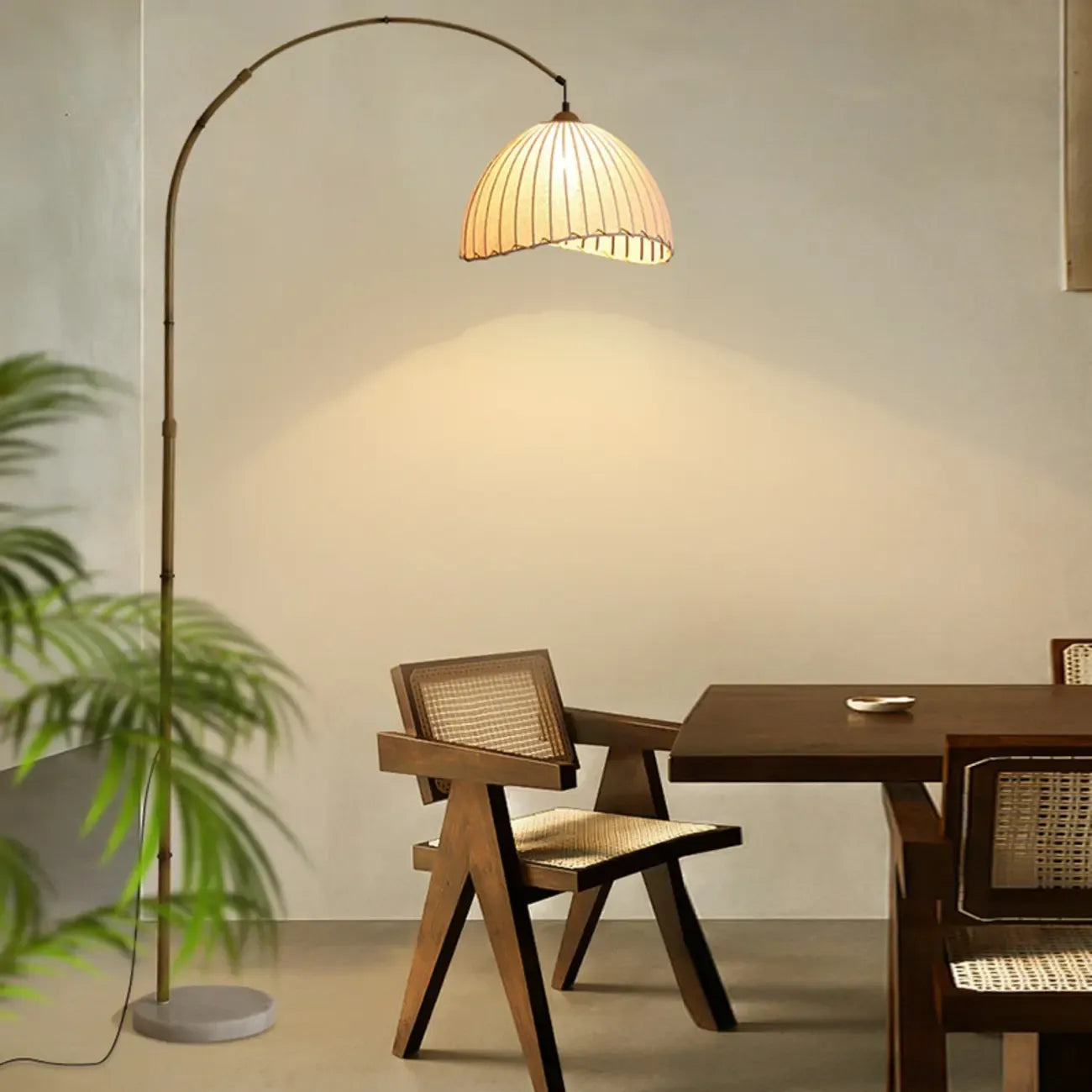 Plug In Khaki Arc Floor Lamp with Fabric Shade for Living Room