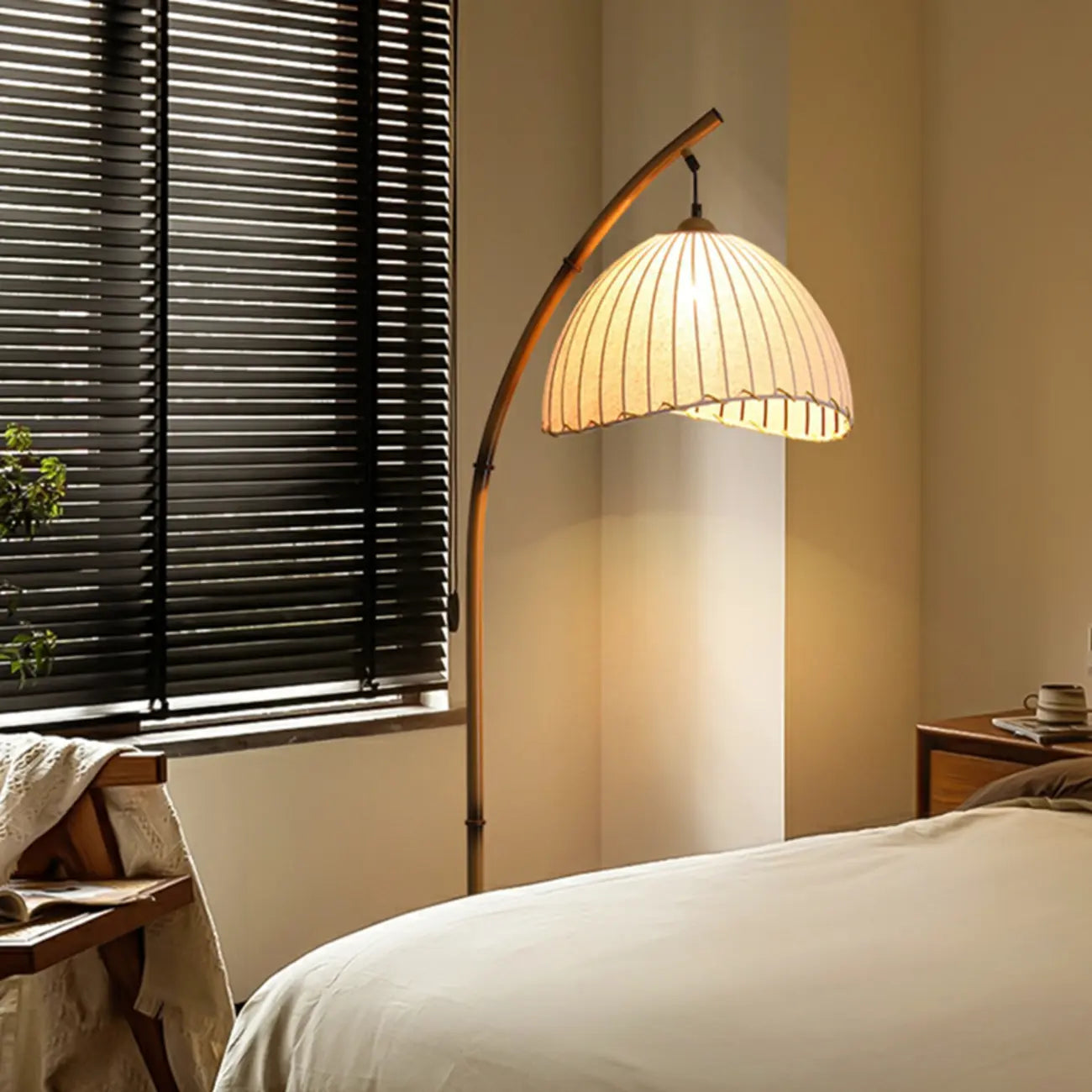 Plug In Khaki Arc Floor Lamp with Fabric Shade for Living Room