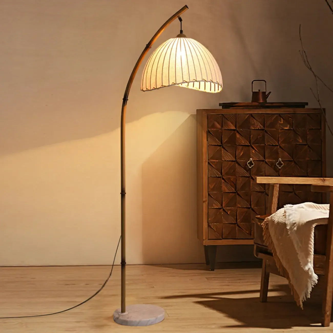 Plug In Khaki Arc Floor Lamp with Fabric Shade for Living Room