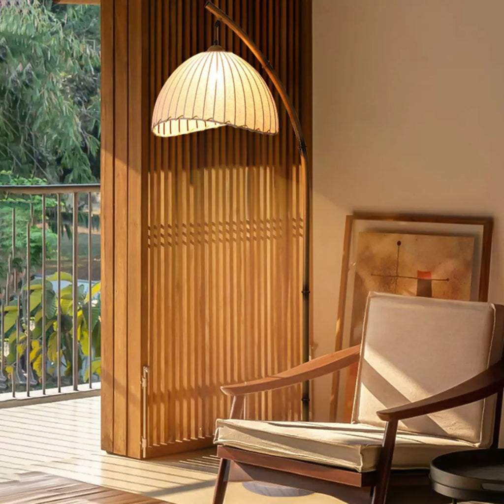 Plug In Khaki Arc Floor Lamp with Fabric Shade for Living Room