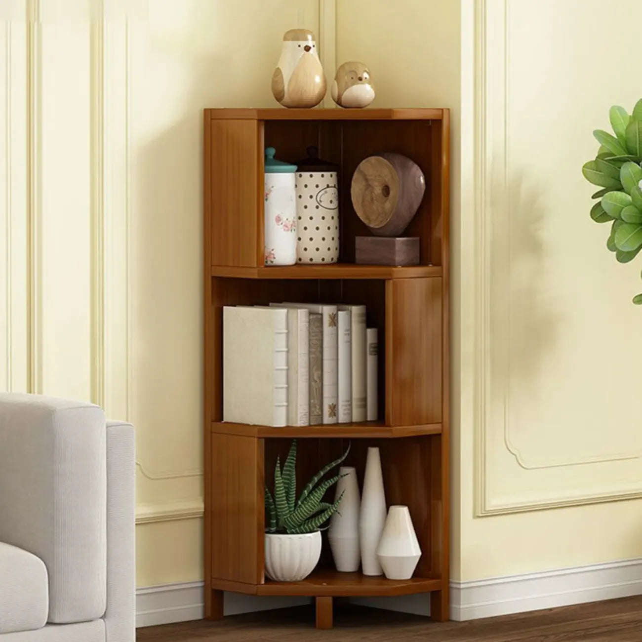 Geometric Multi-Layer Brown Wooden Storage Corner Cabinet