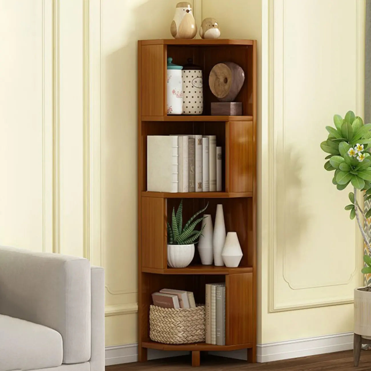 Geometric Multi-Layer Brown Wooden Storage Corner Cabinet