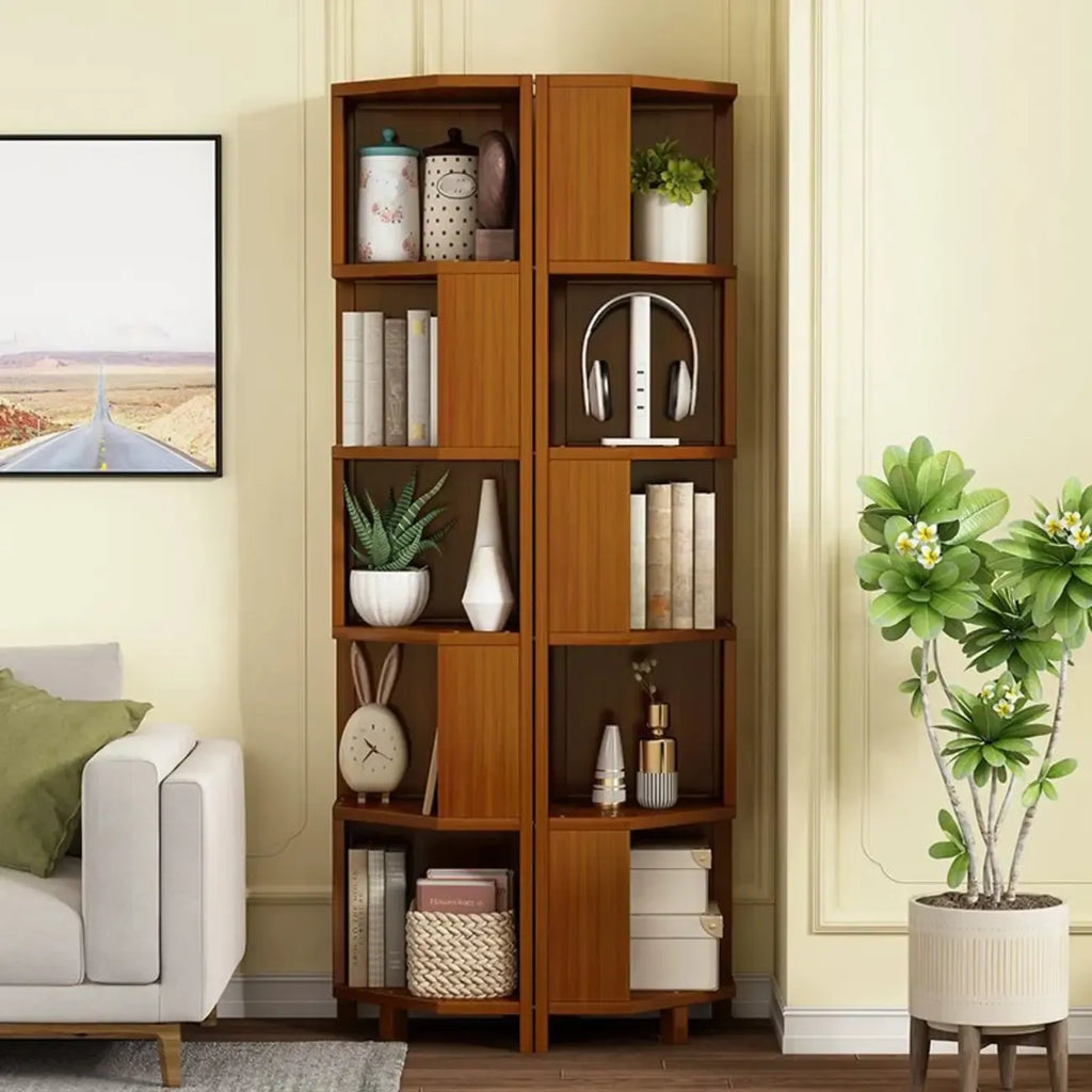 Geometric Multi-Layer Brown Wooden Storage Corner Cabinet
