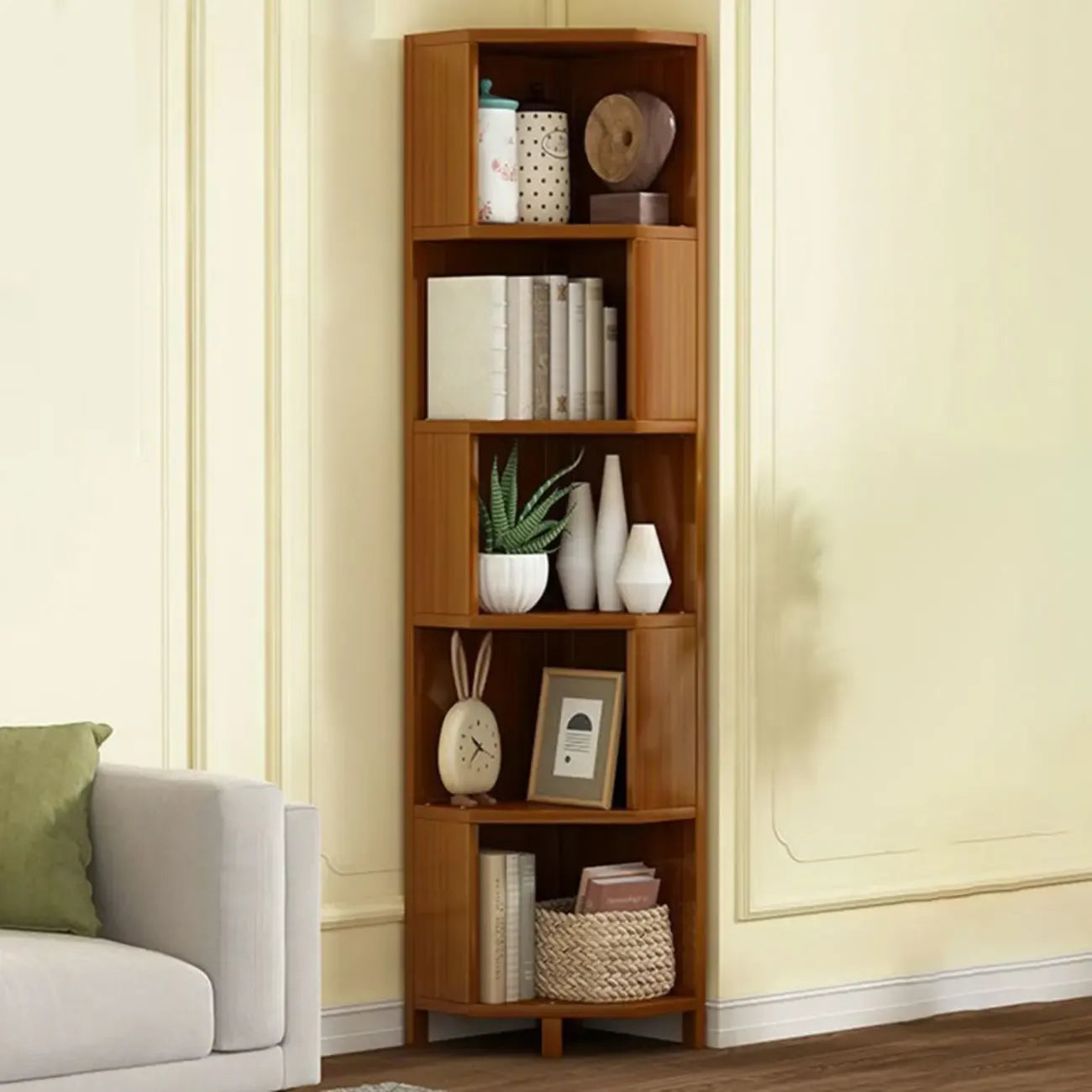 Geometric Multi-Layer Brown Wooden Storage Corner Cabinet