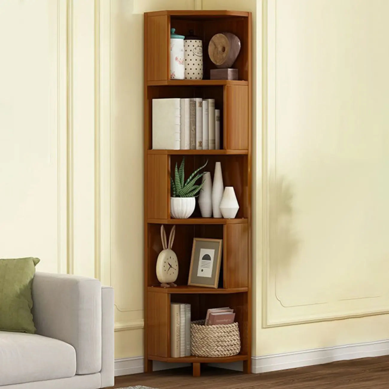 Geometric Multi-Layer Brown Wooden Storage Corner Cabinet