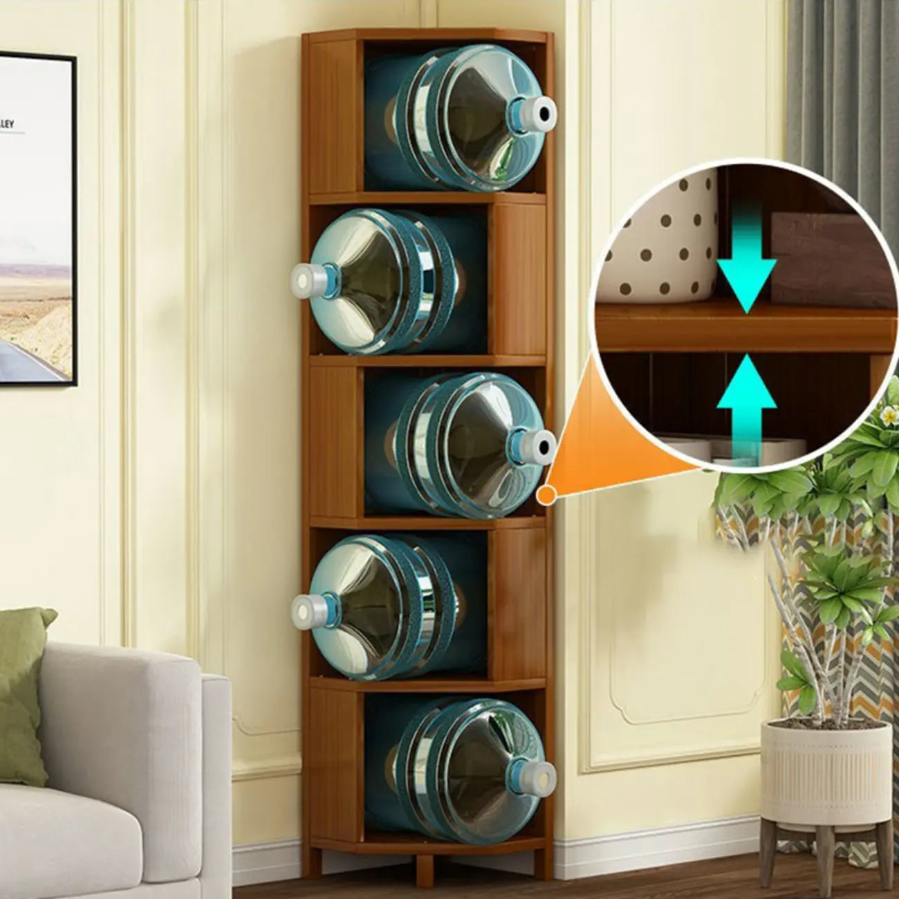 Geometric Multi-Layer Brown Wooden Storage Corner Cabinet