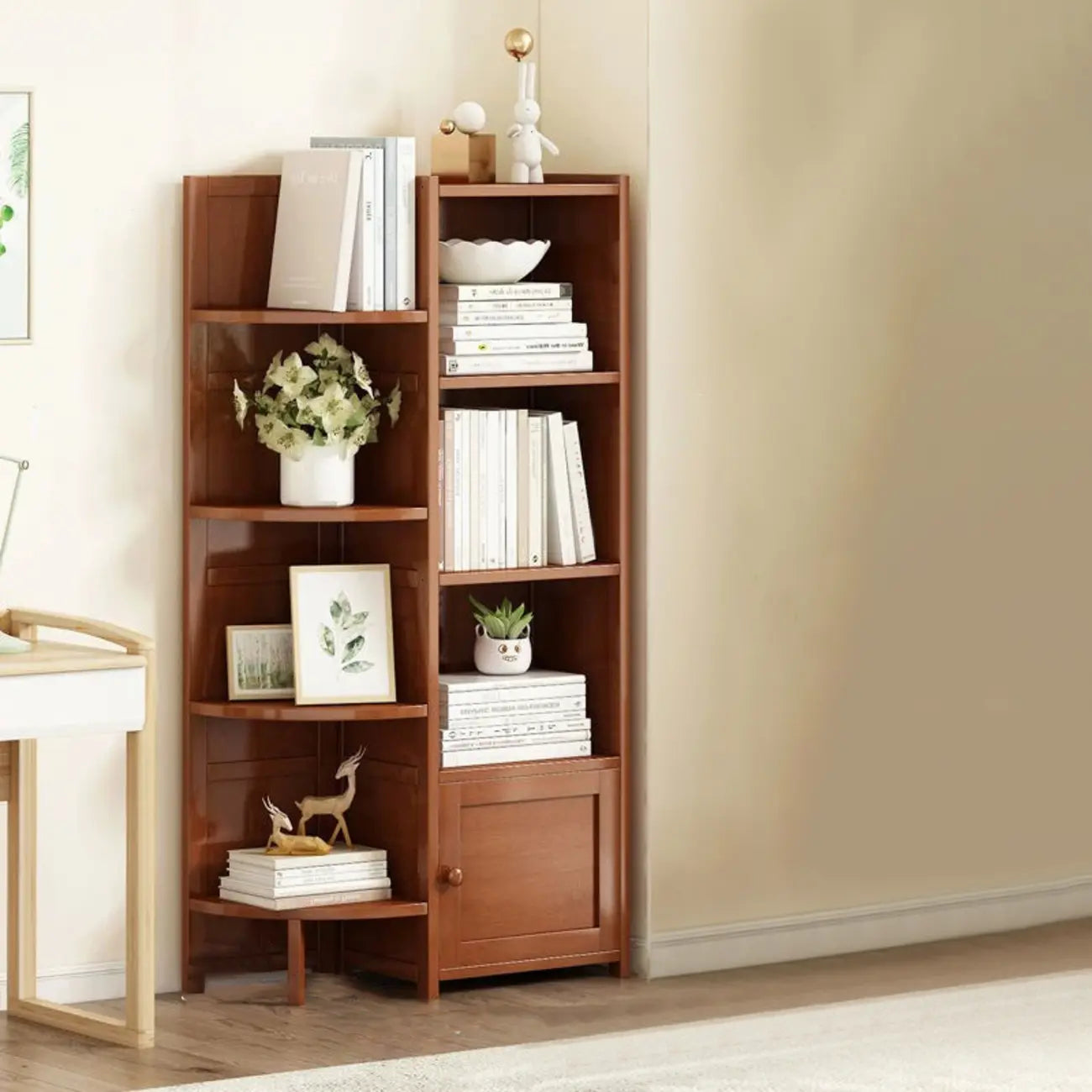 Geometric Multi-Layer Brown Wooden Storage Corner Cabinet