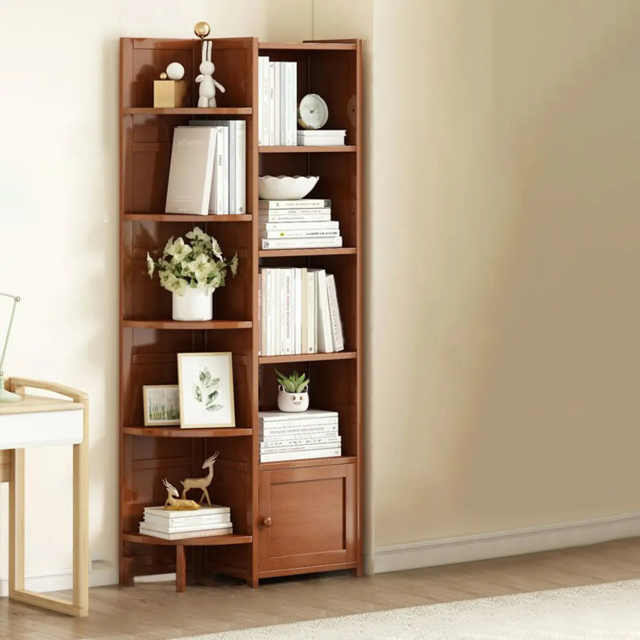 Geometric Multi-Layer Brown Wooden Storage Corner Cabinet