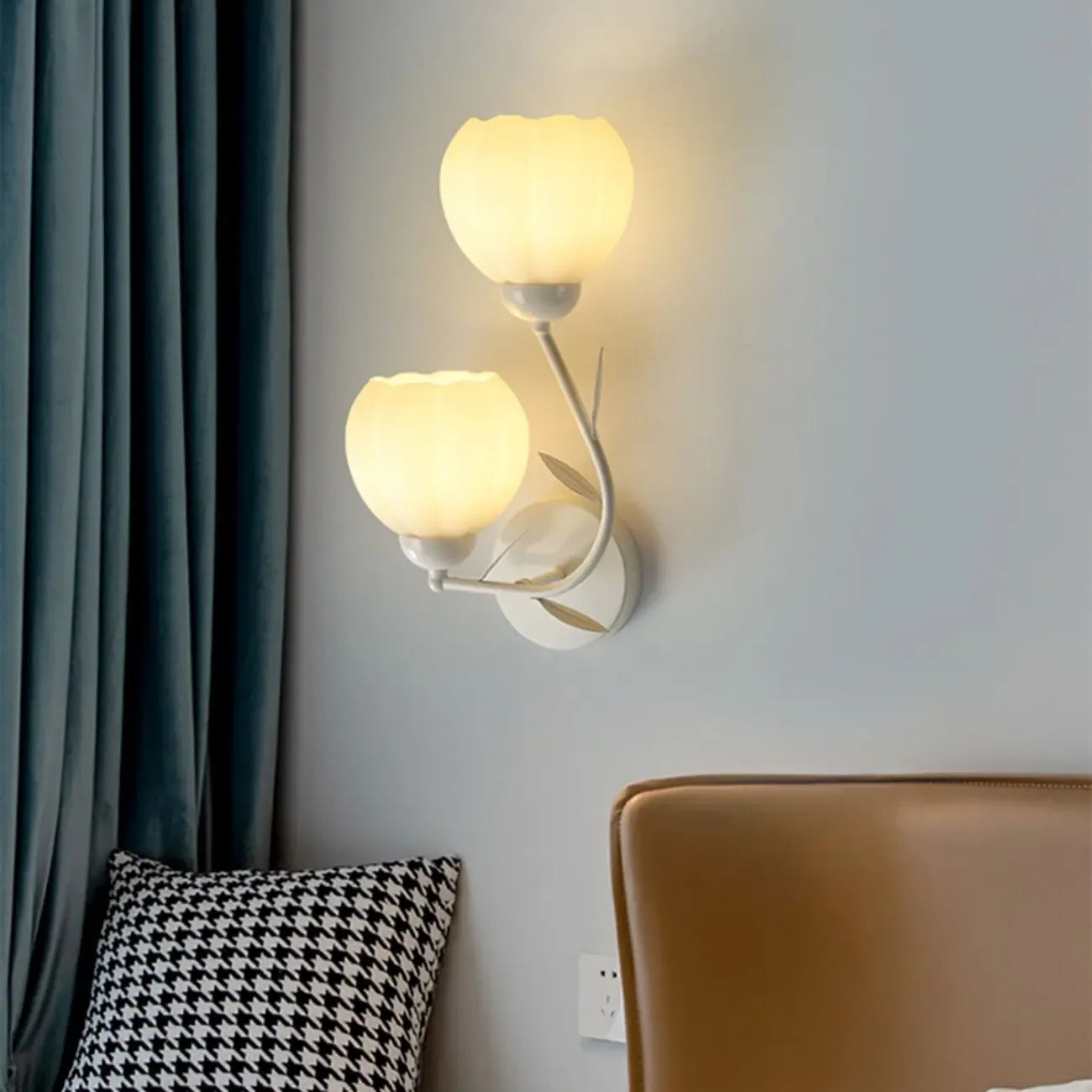 1/2 Bulbs Modern Floral Wall Sconce with White Glass Shade