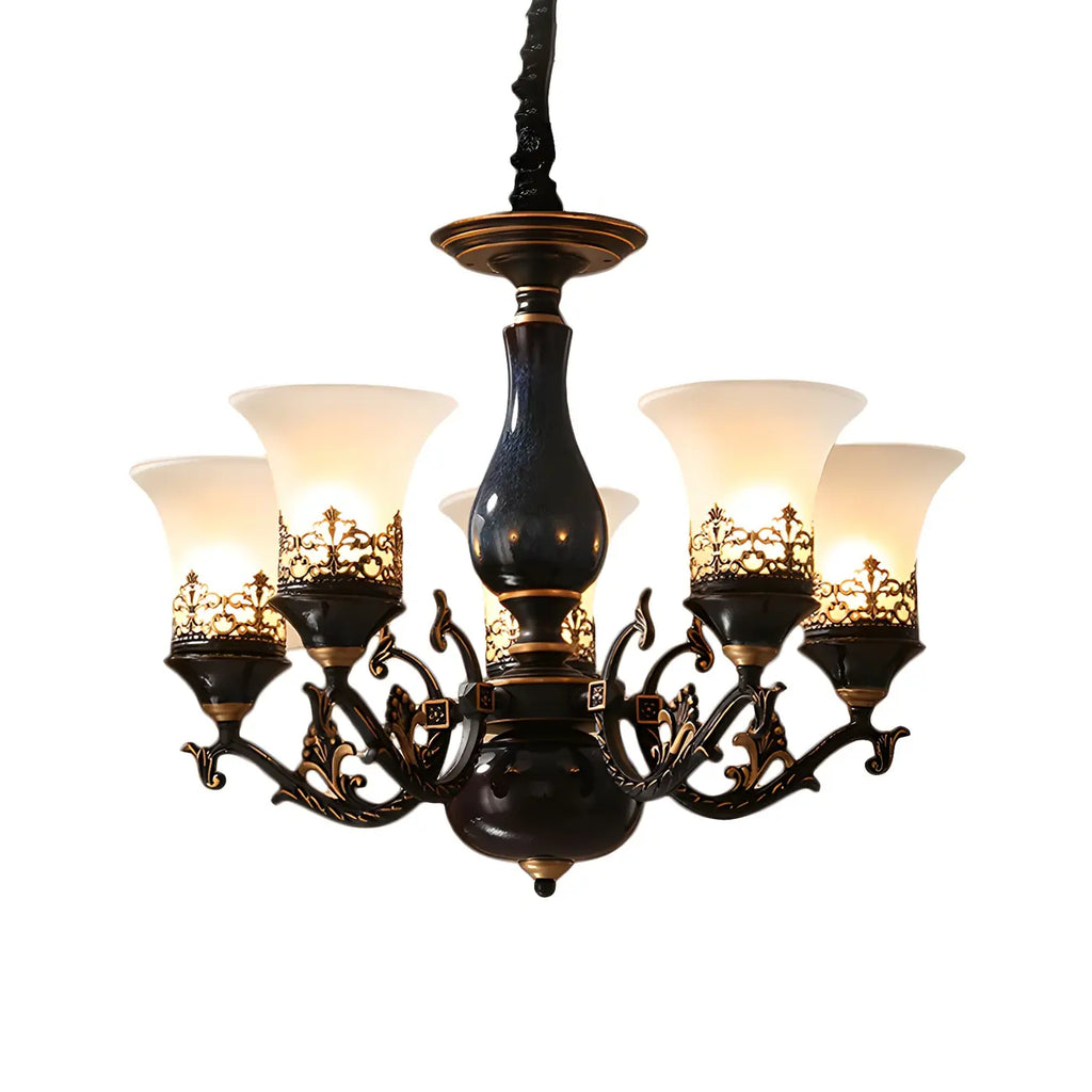 Mid-Century Living Room Black Frosted Wite Glass Bell Shape Chandelier