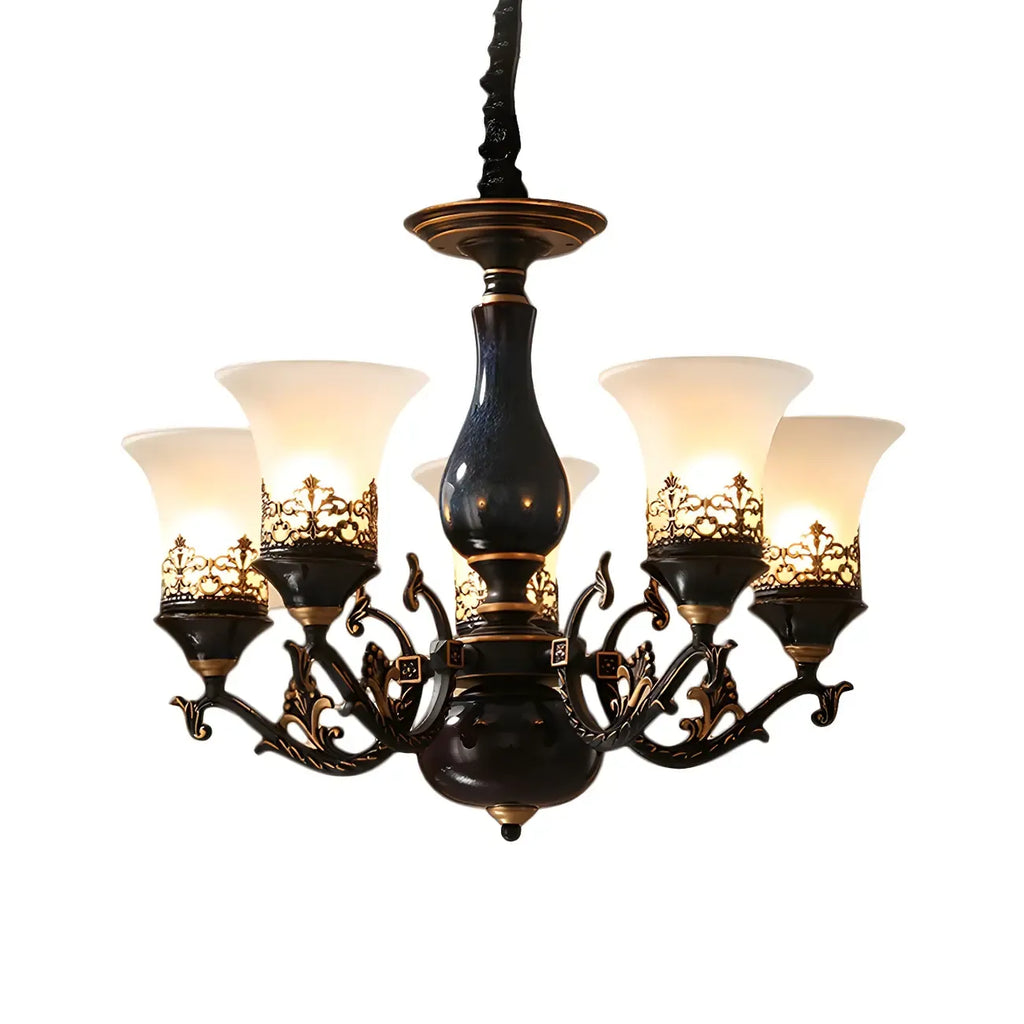 Mid-Century Living Room Black Frosted Wite Glass Bell Shape Chandelier