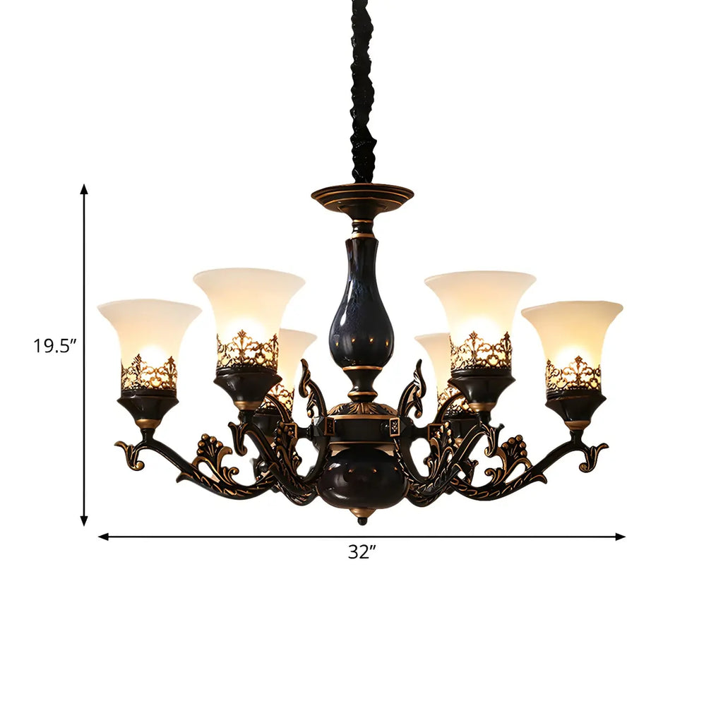 Mid-Century Living Room Black Frosted Wite Glass Bell Shape Chandelier