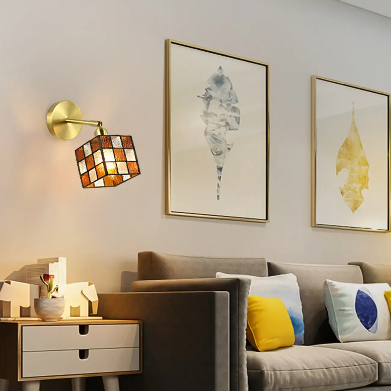 Vintage Brass Colorful Cube Shade Wall Sconce