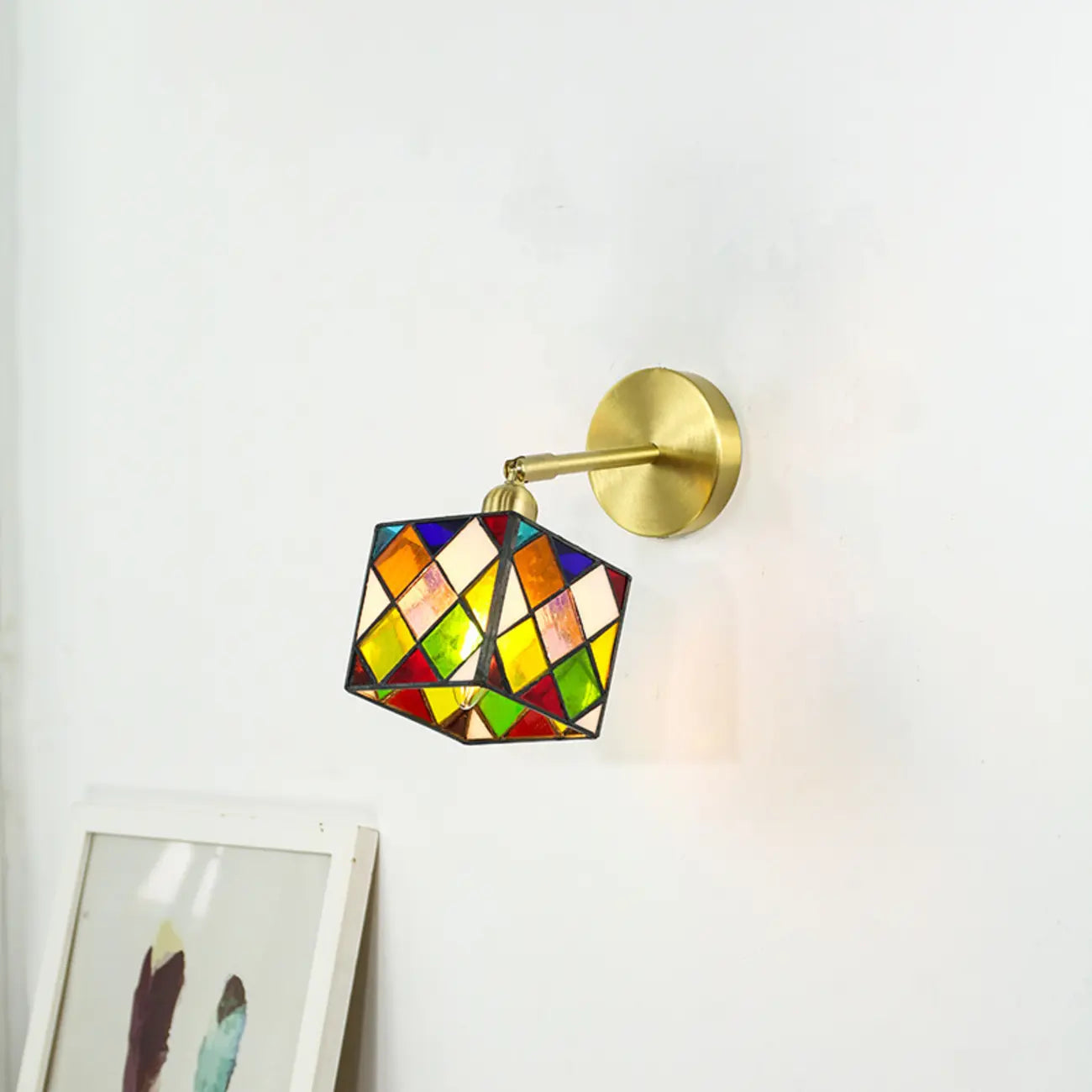 Vintage Brass Colorful Cube Shade Wall Sconce