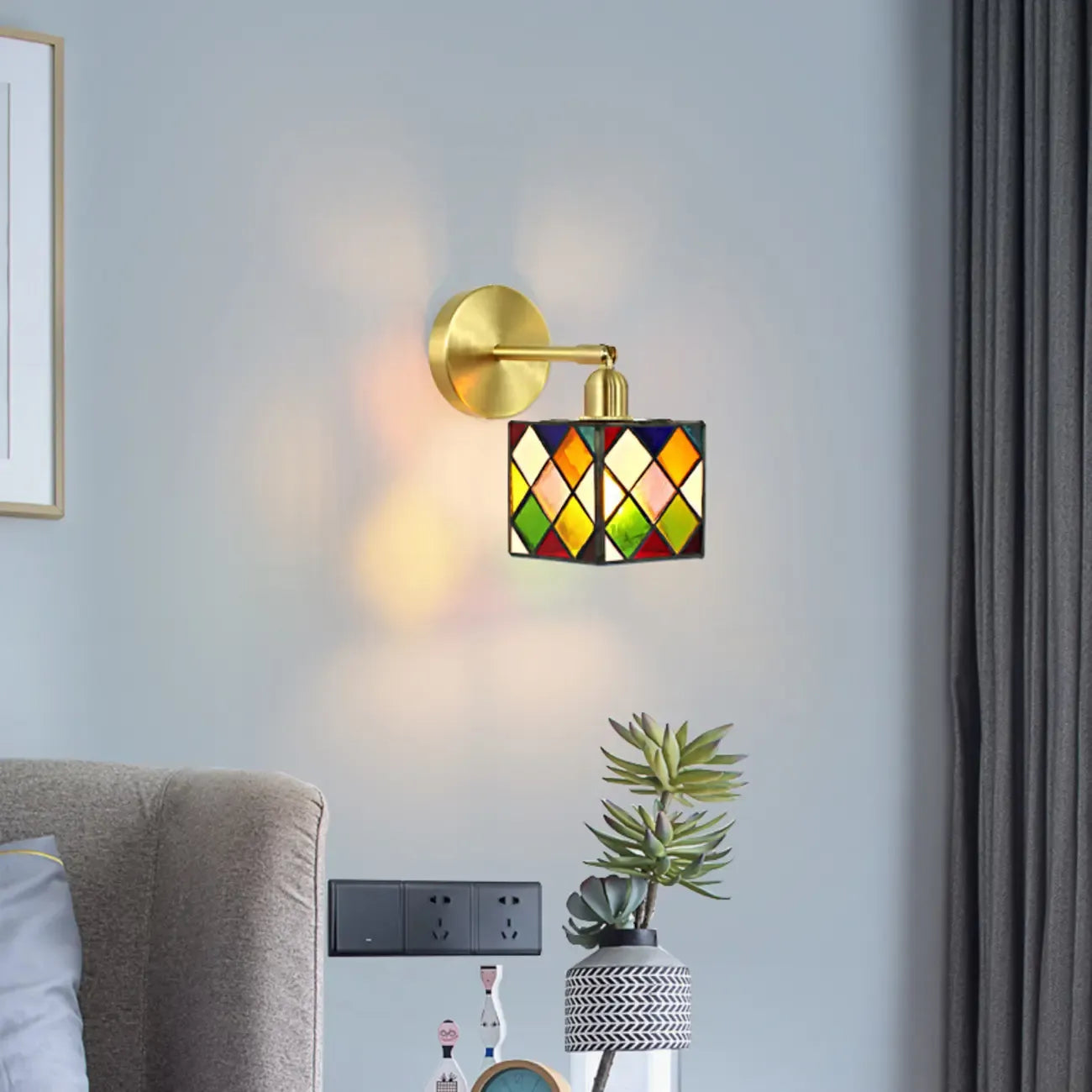 Vintage Brass Colorful Cube Shade Wall Sconce