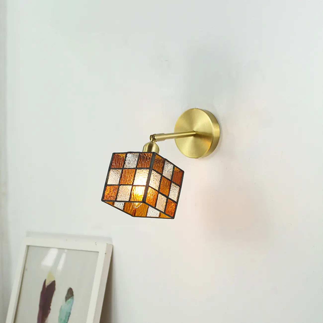 Vintage Brass Colorful Cube Shade Wall Sconce